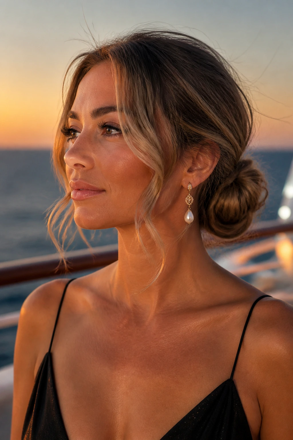 Close-up of a woman with a low bun and face-framing tendrils on a cruise deck at dusk.