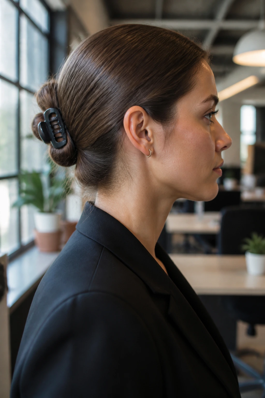 Side profile of a sleek low bun with claw clip in an office setting.