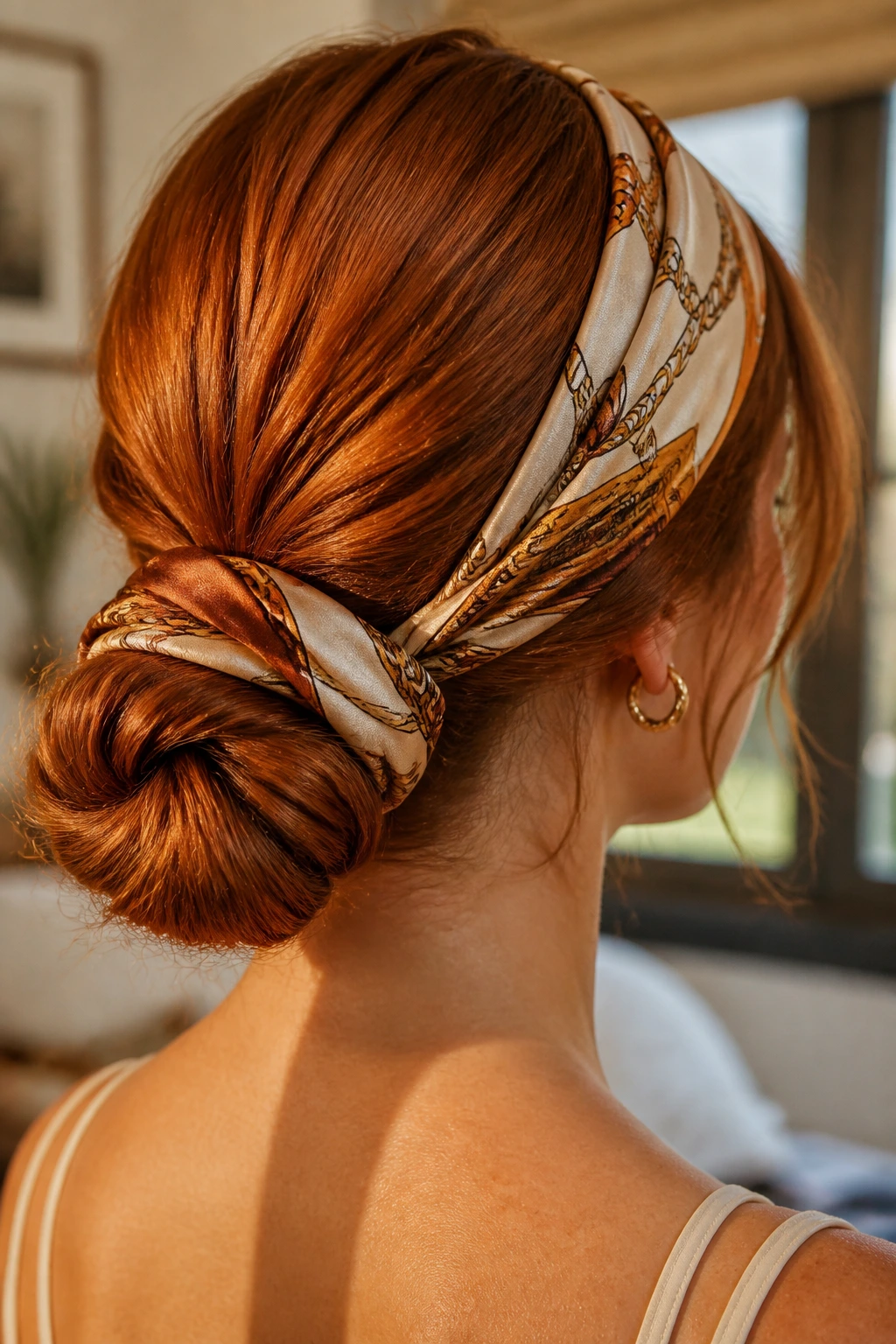Real person with copper hair in a low bun wrapped with a silk scarf