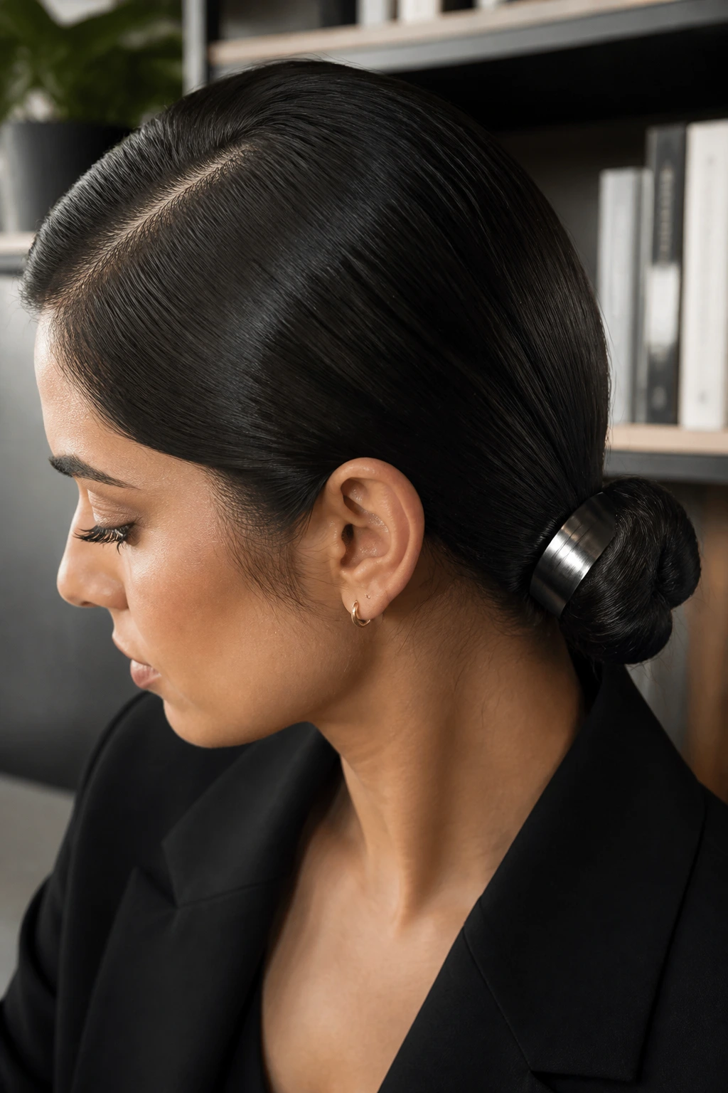 Woman with deep-parted low bun and metal hair cuff in an office setting