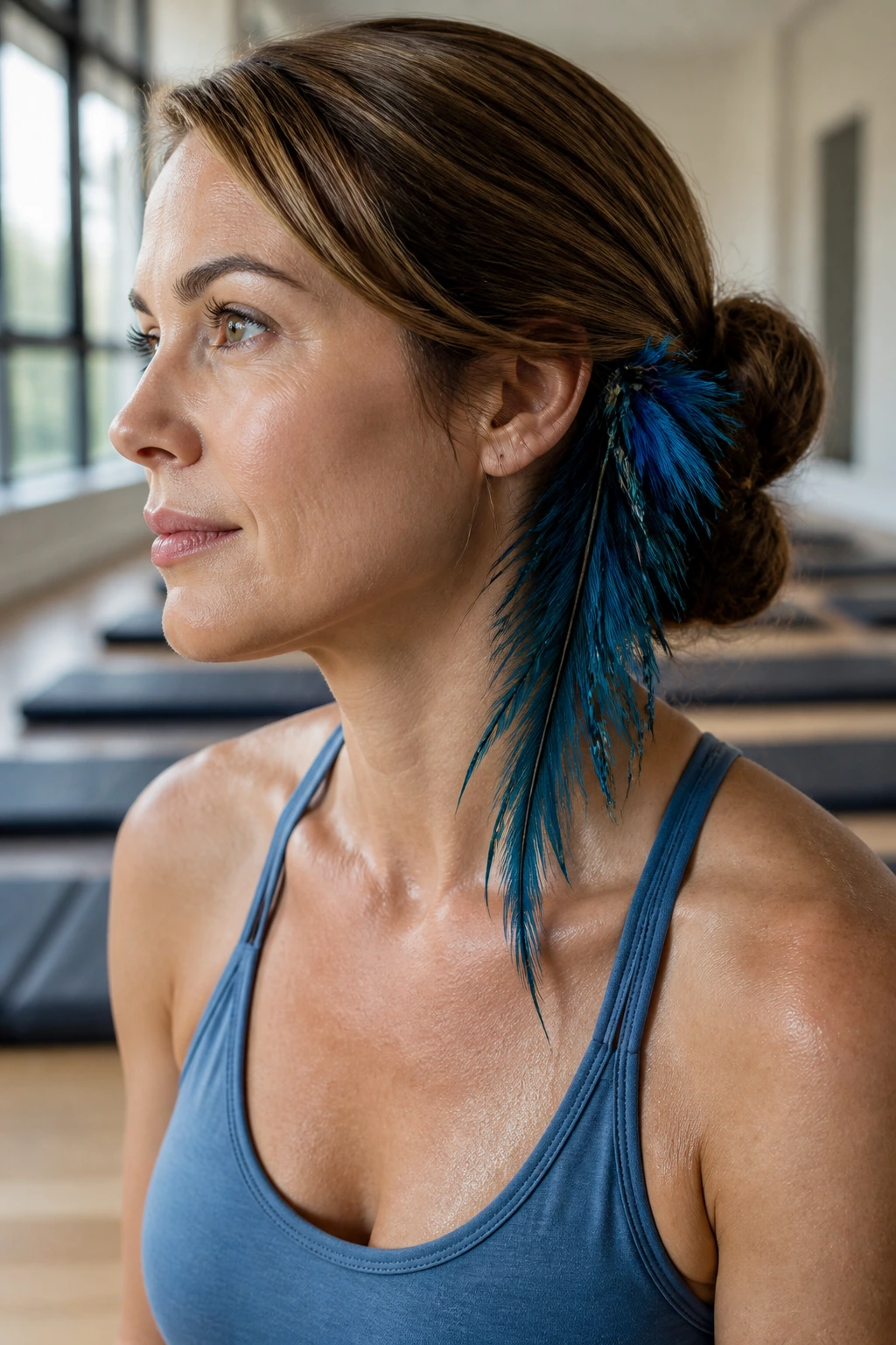 Close-up of a real woman with a low bun and side feather cascade in a gym