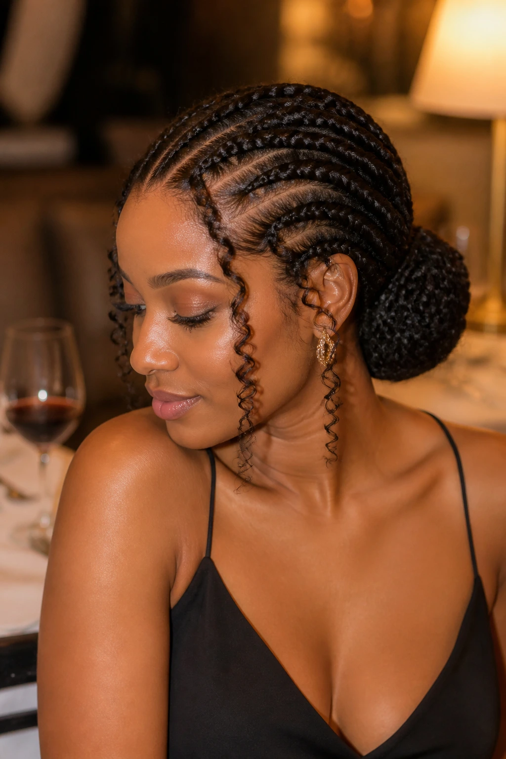 Close-up of a woman with a low bun Ghana braids and curly ends in a softly lit dining room
