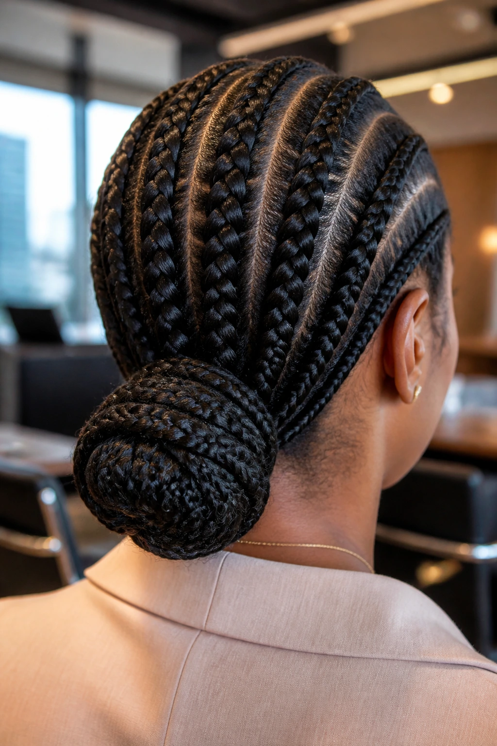 Back-view close-up of a real woman with a low bun Ghana braids