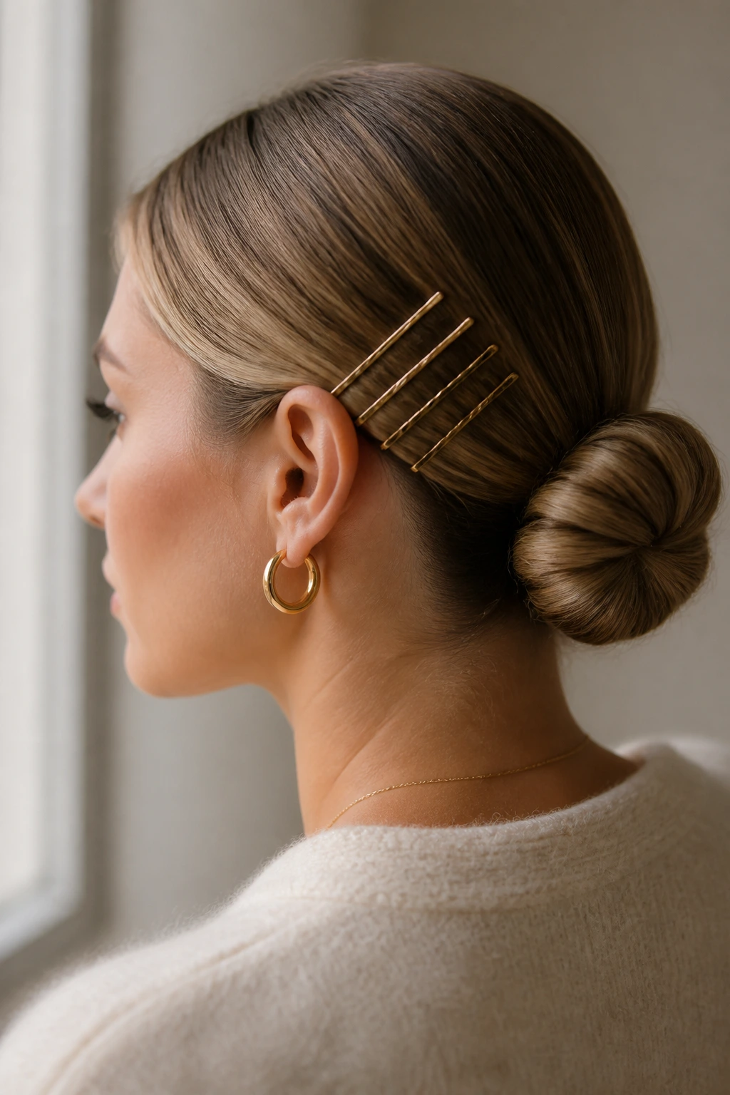 Close-up of a sleek low bun with gold Bobby pins at the nape