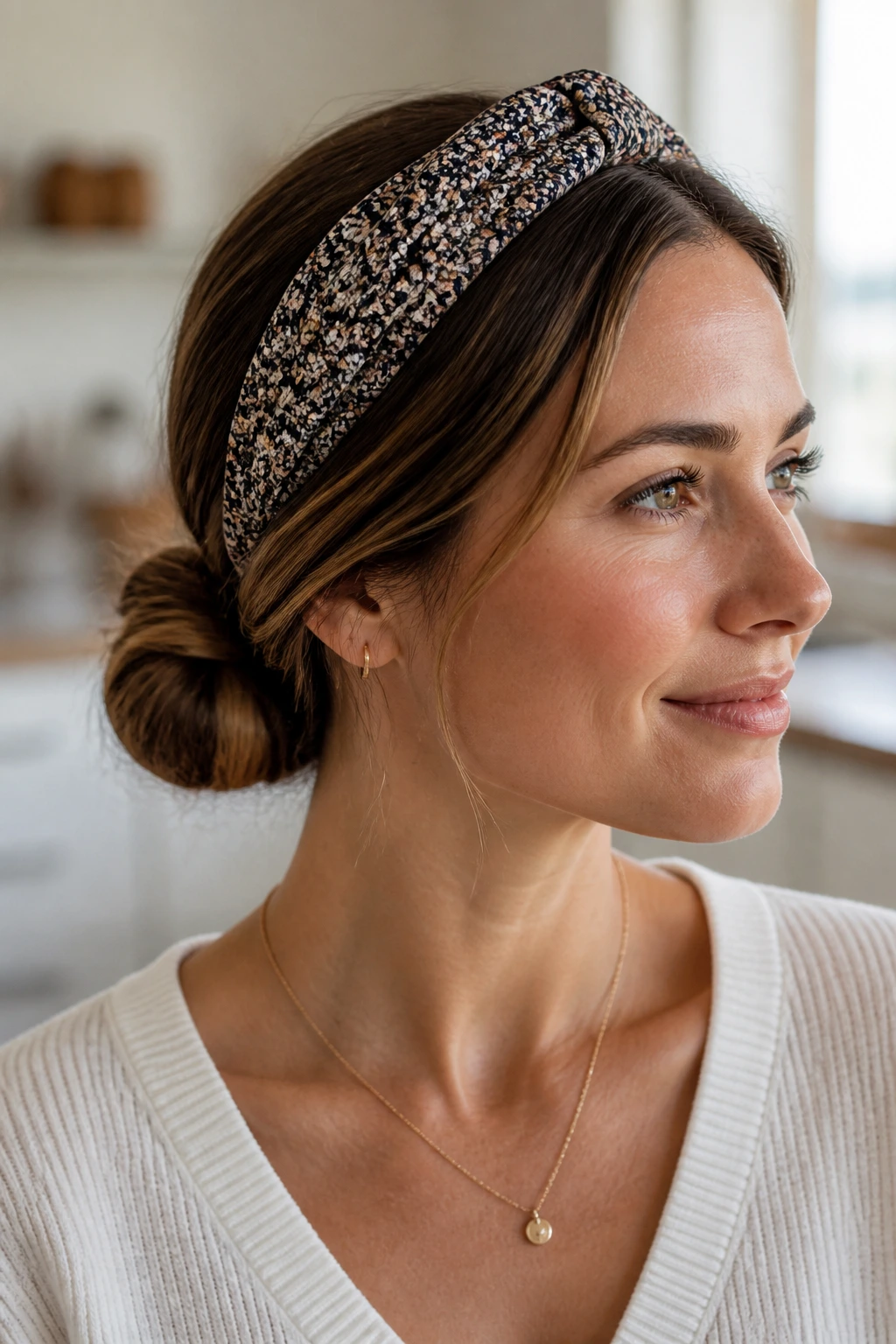 Real woman with low bun and bold headband in cozy home setting