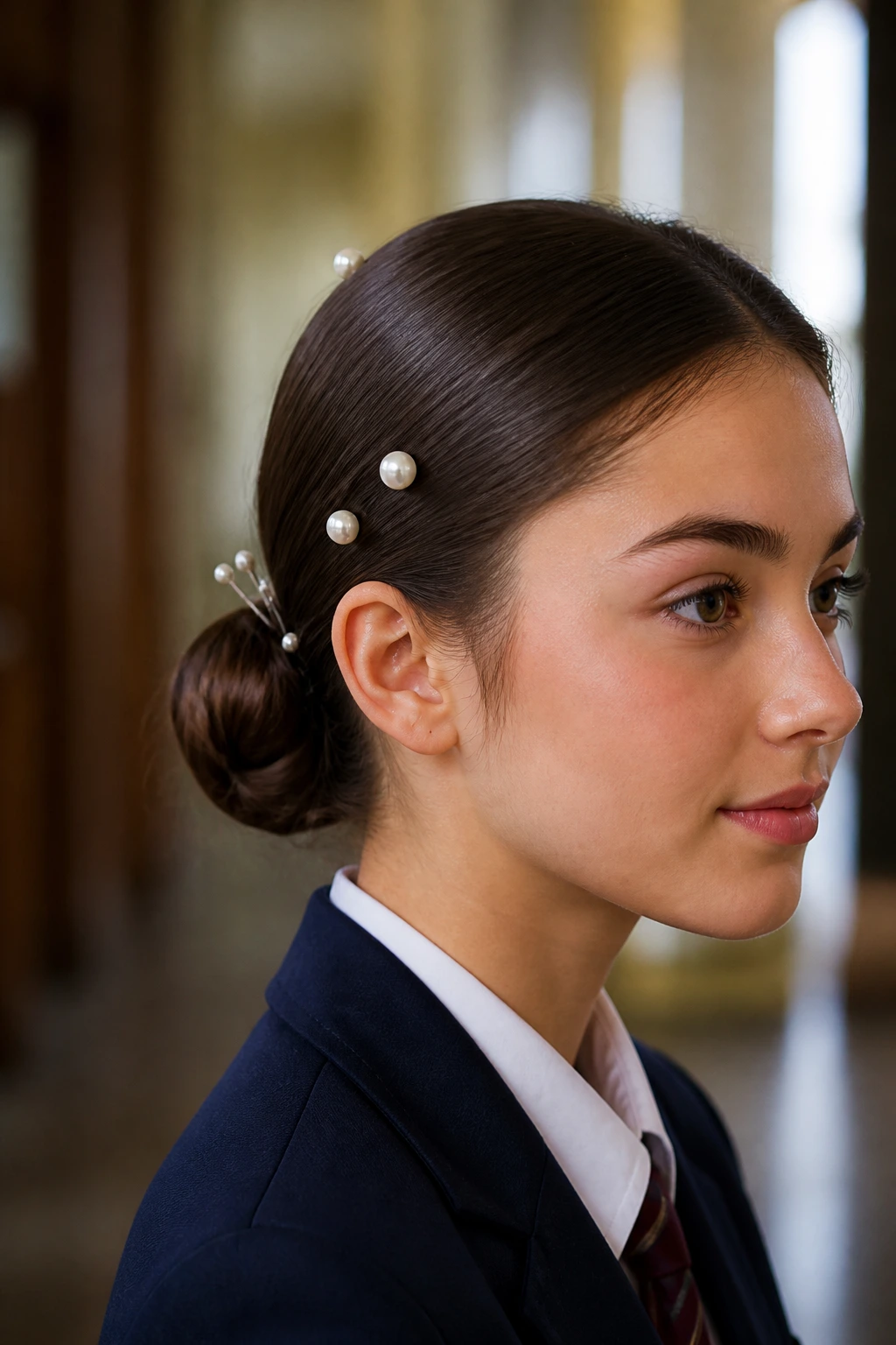 Close-up of sleek low bun with pearls on a real student