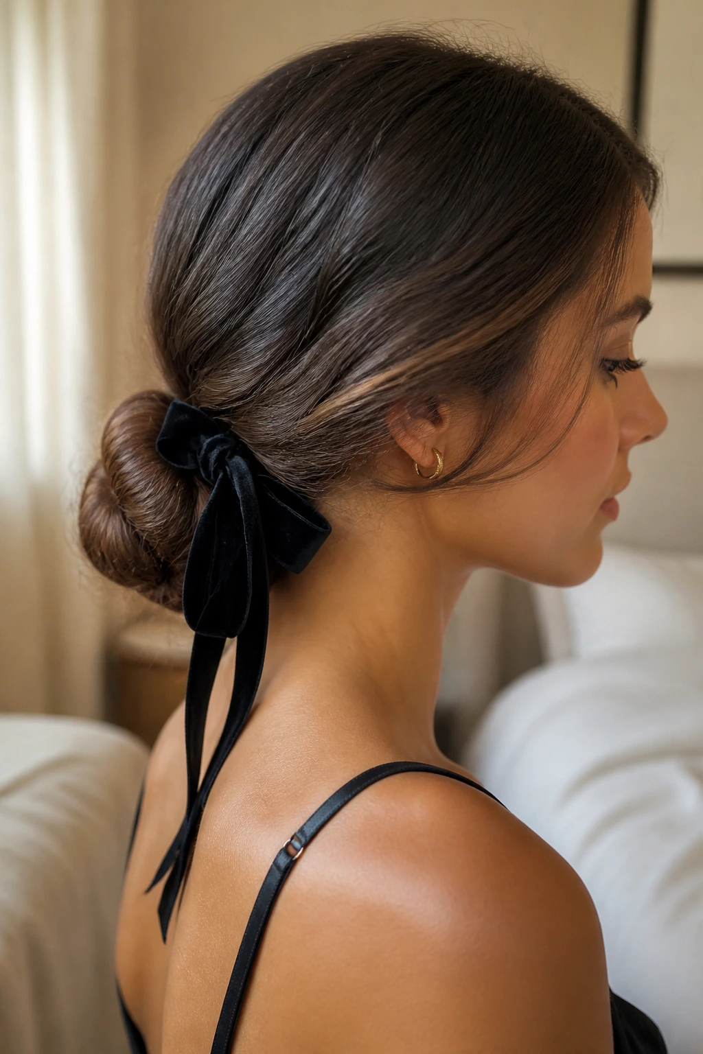 Close-up of a woman with a low bun wrapped in velvet ribbon, warm window light
