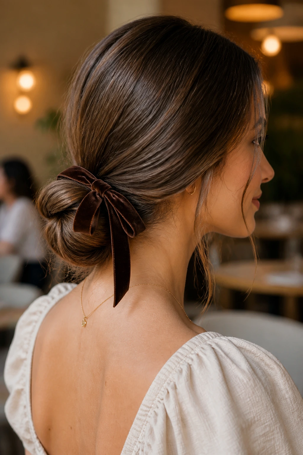 Close-up of a real woman with a low bun and ribbon hairstyle
