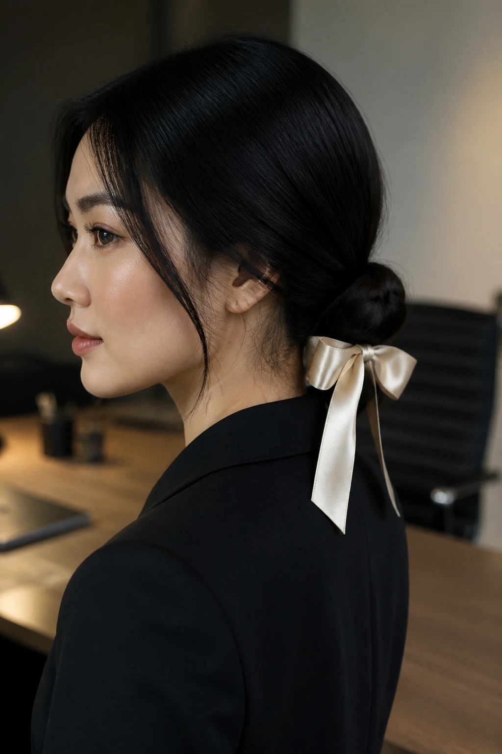 Close-up portrait of a real woman with a satin ribbon around a low bun in a polished office setting.