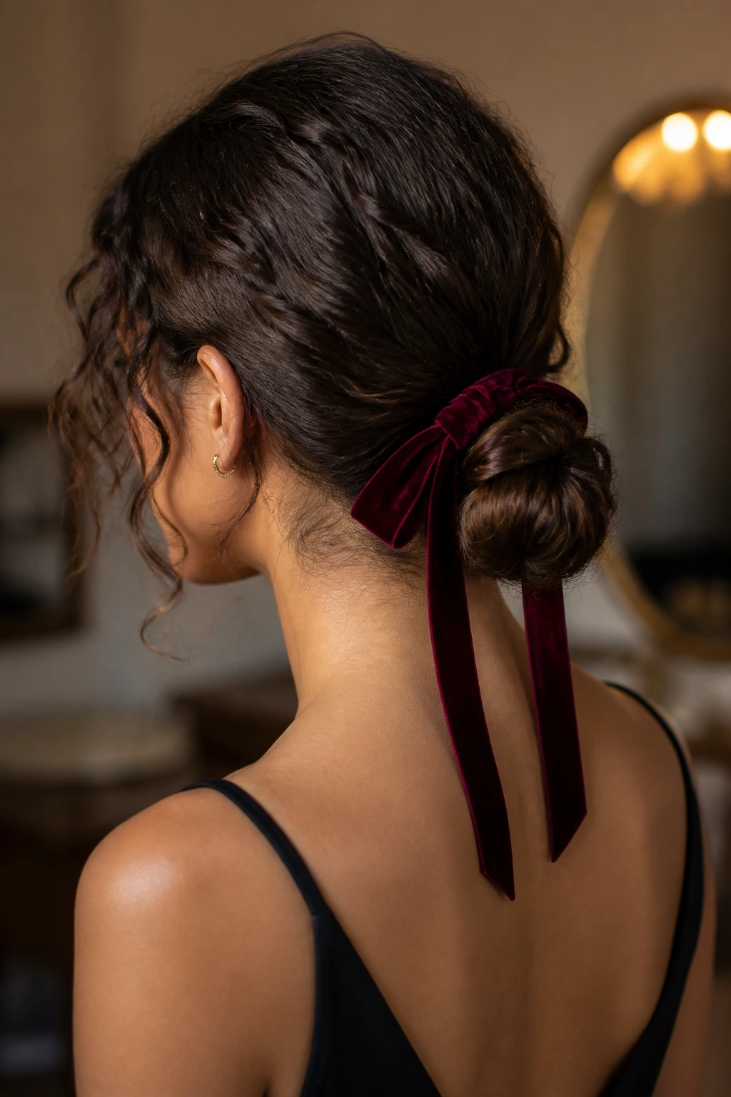 Real woman wearing a low bun wrapped with a long ribbon