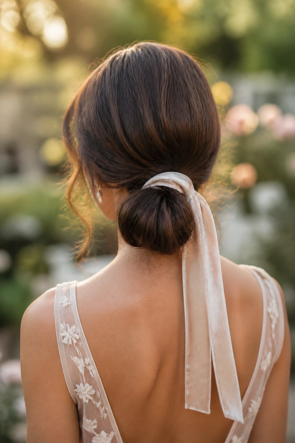 Back view of a woman wearing a low bun with a long ribbon.