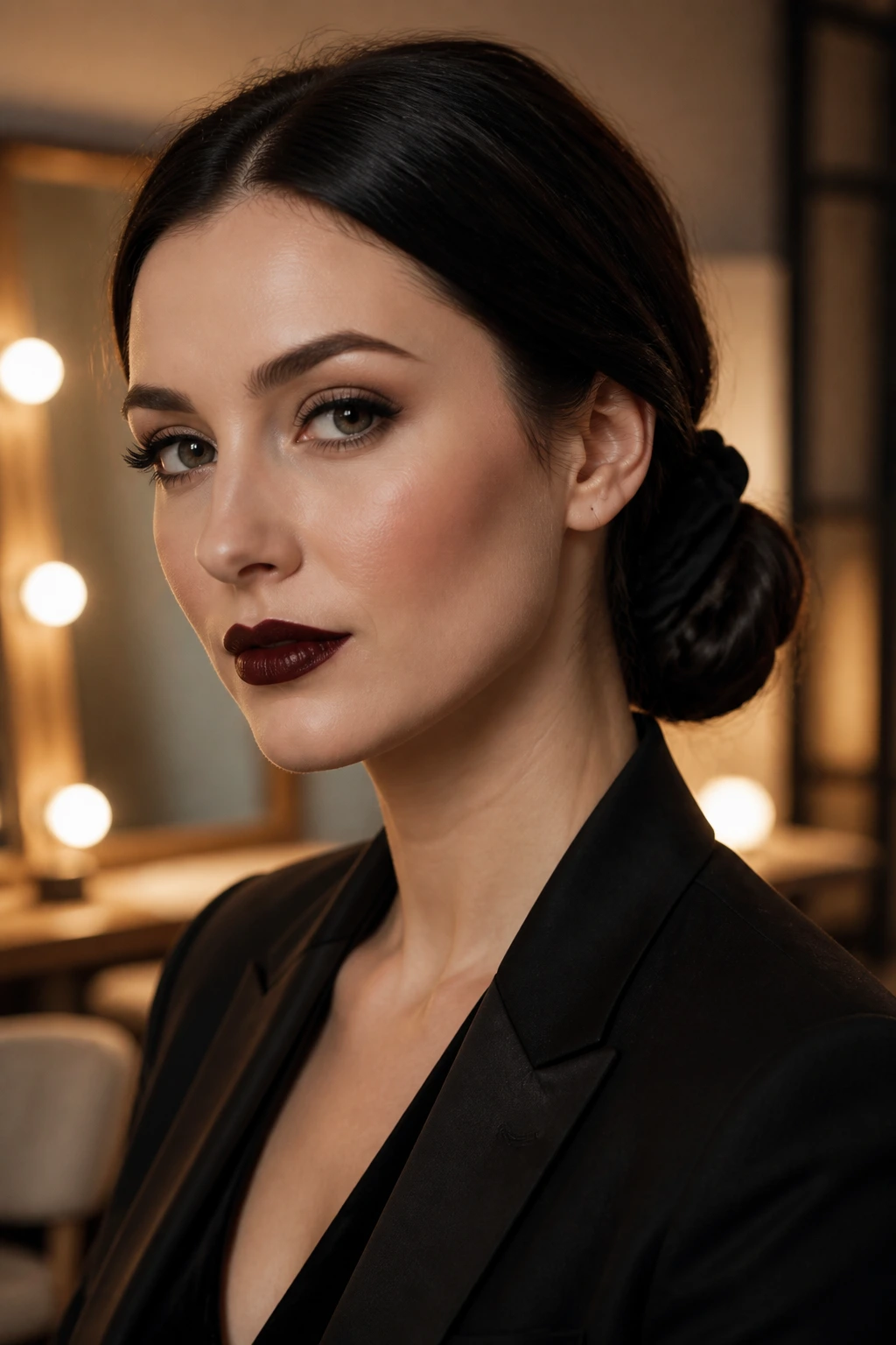 Close-up of a person with a ribbon-wrapped low bun in a chic office setting.