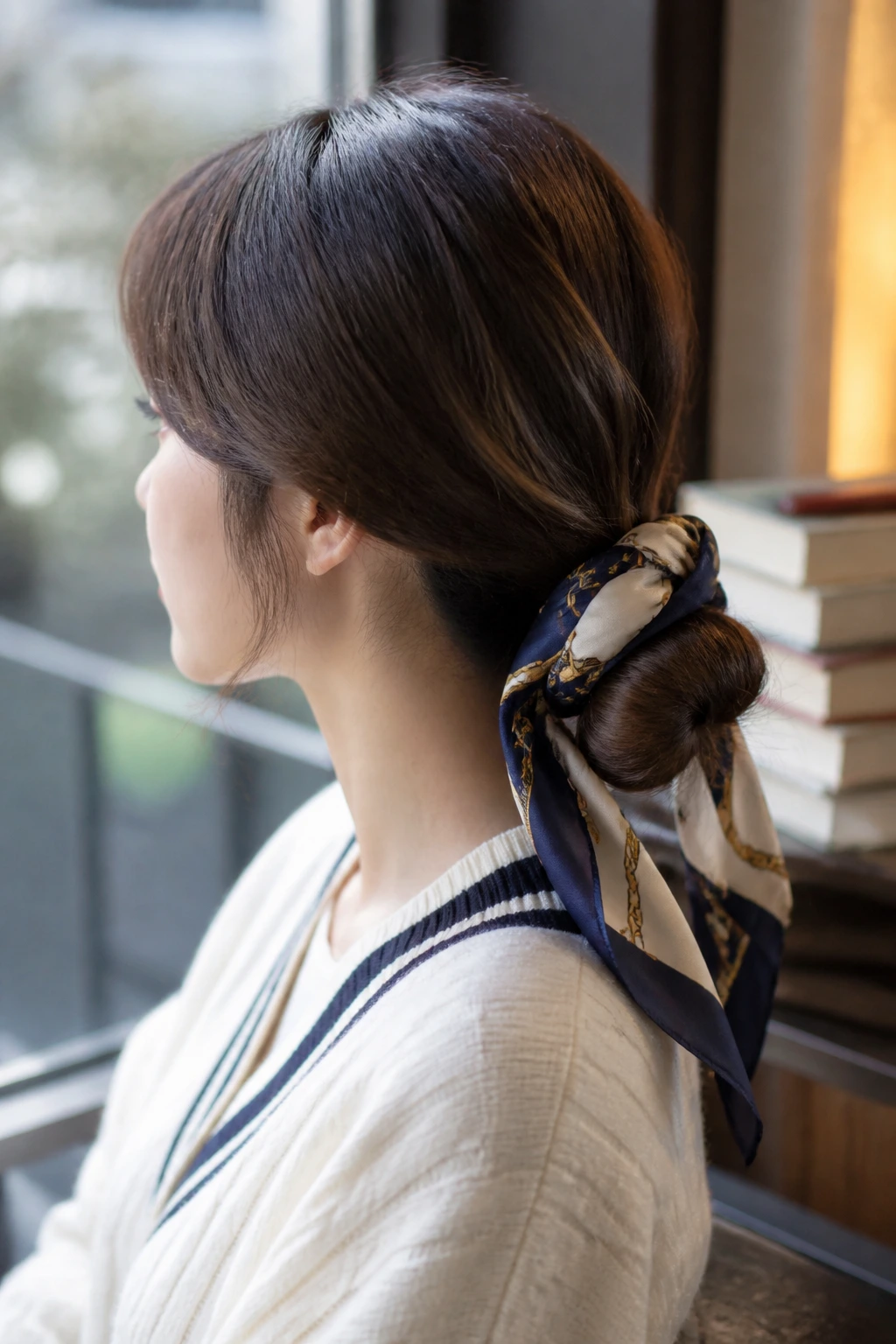 Close-up of a low bun wrapped with a silk scarf on a real student.