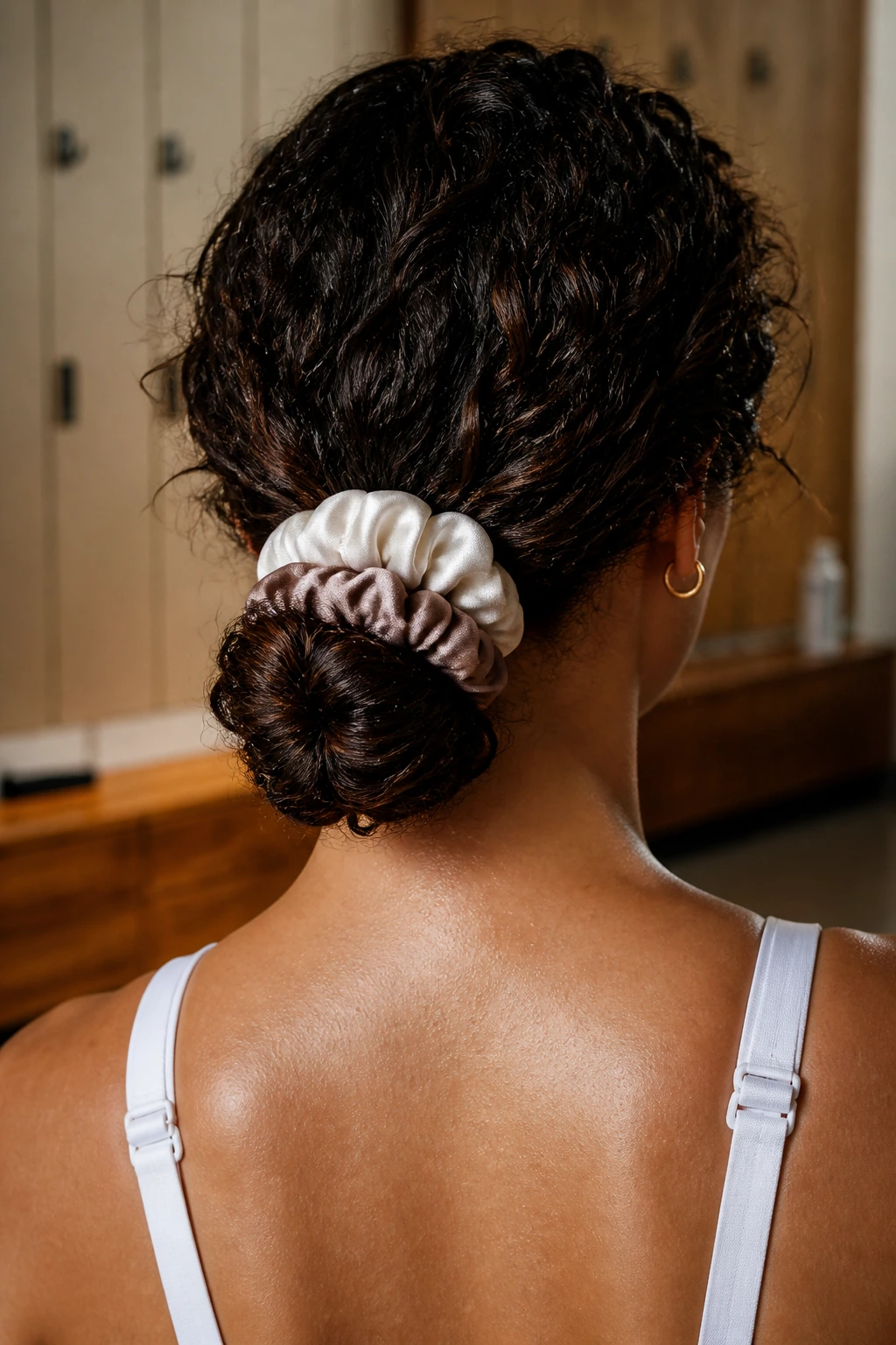 Back view of low bun secured with silk scrunchies during workout