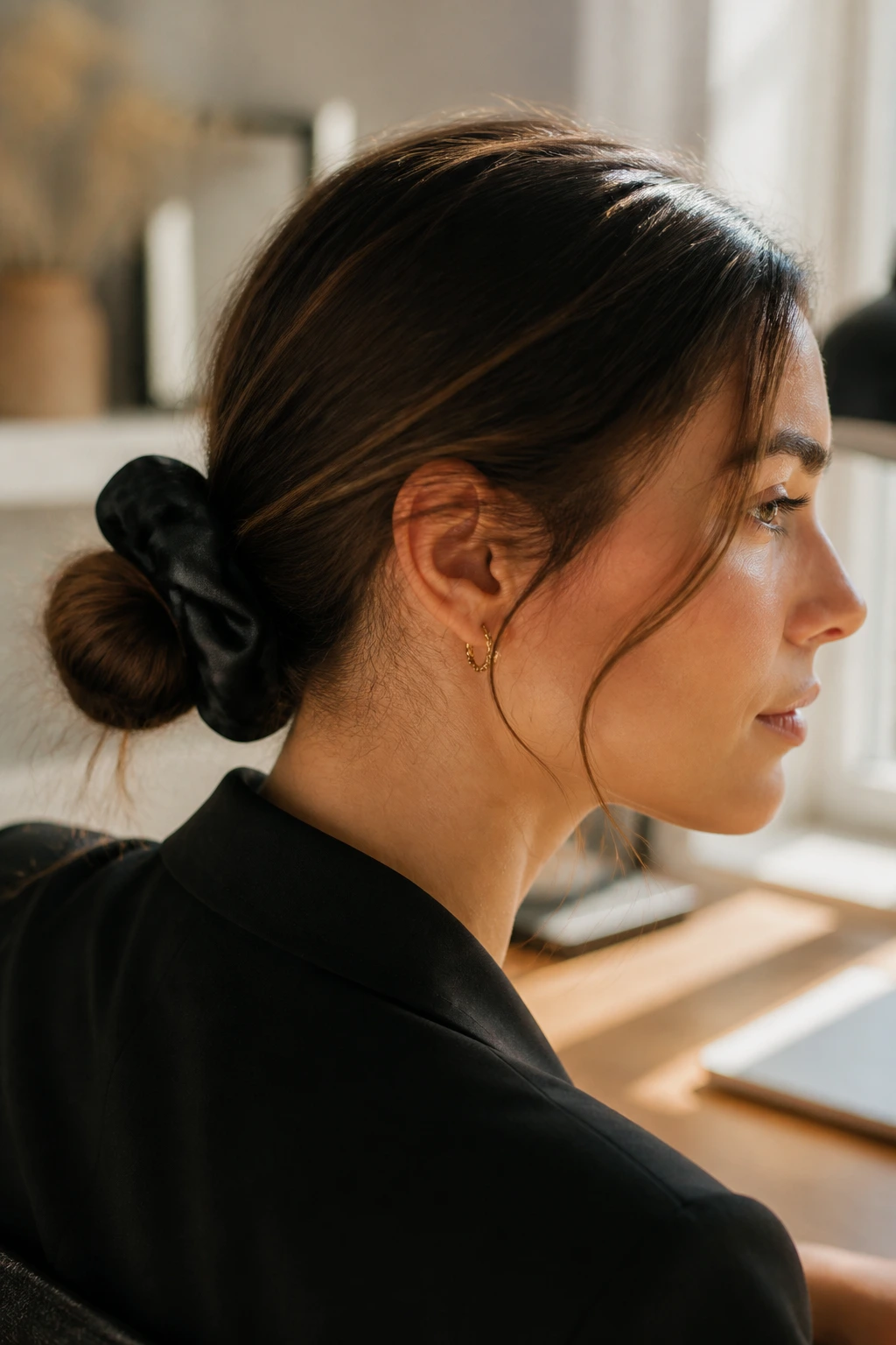 Close-up of a real woman with a low bun secured by a black silk scrunchie