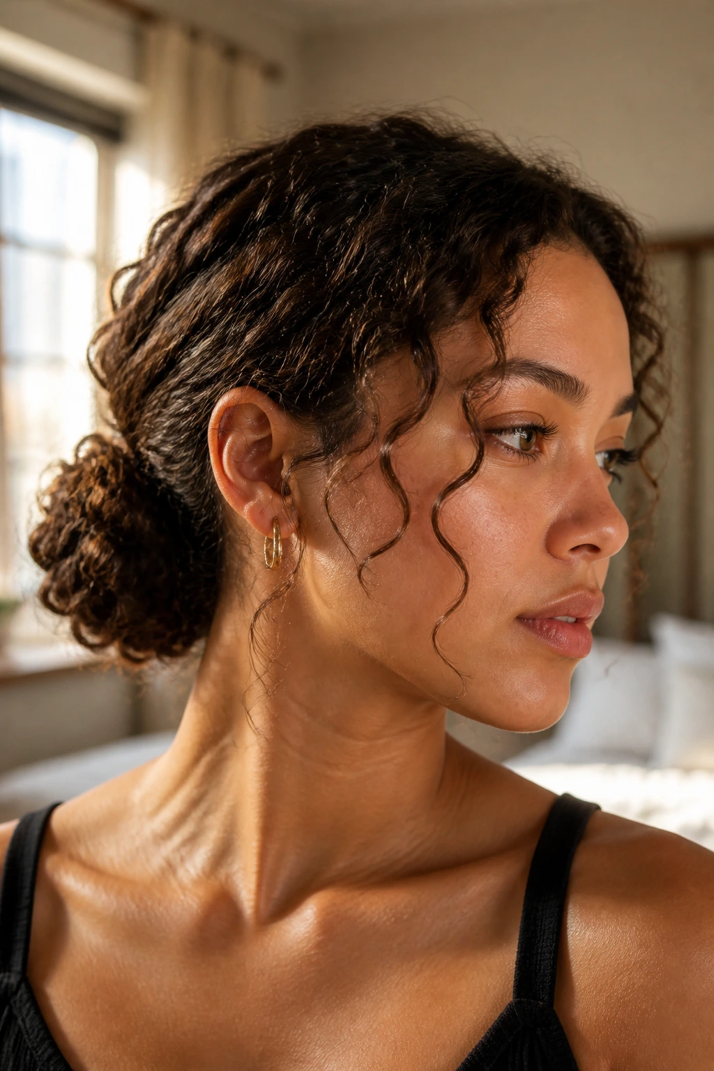 Close-up of a woman with a low bun and face-framing tendrils