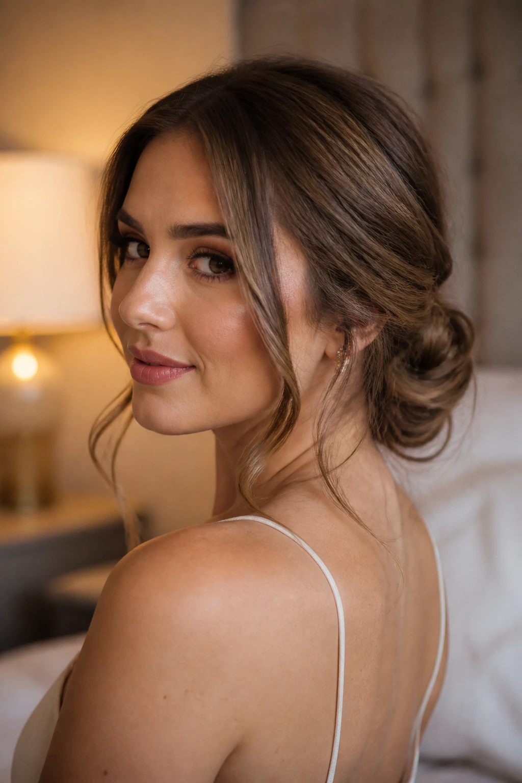 Close-up of a real woman with a soft low bun and face-framing tendrils in warm bedroom light