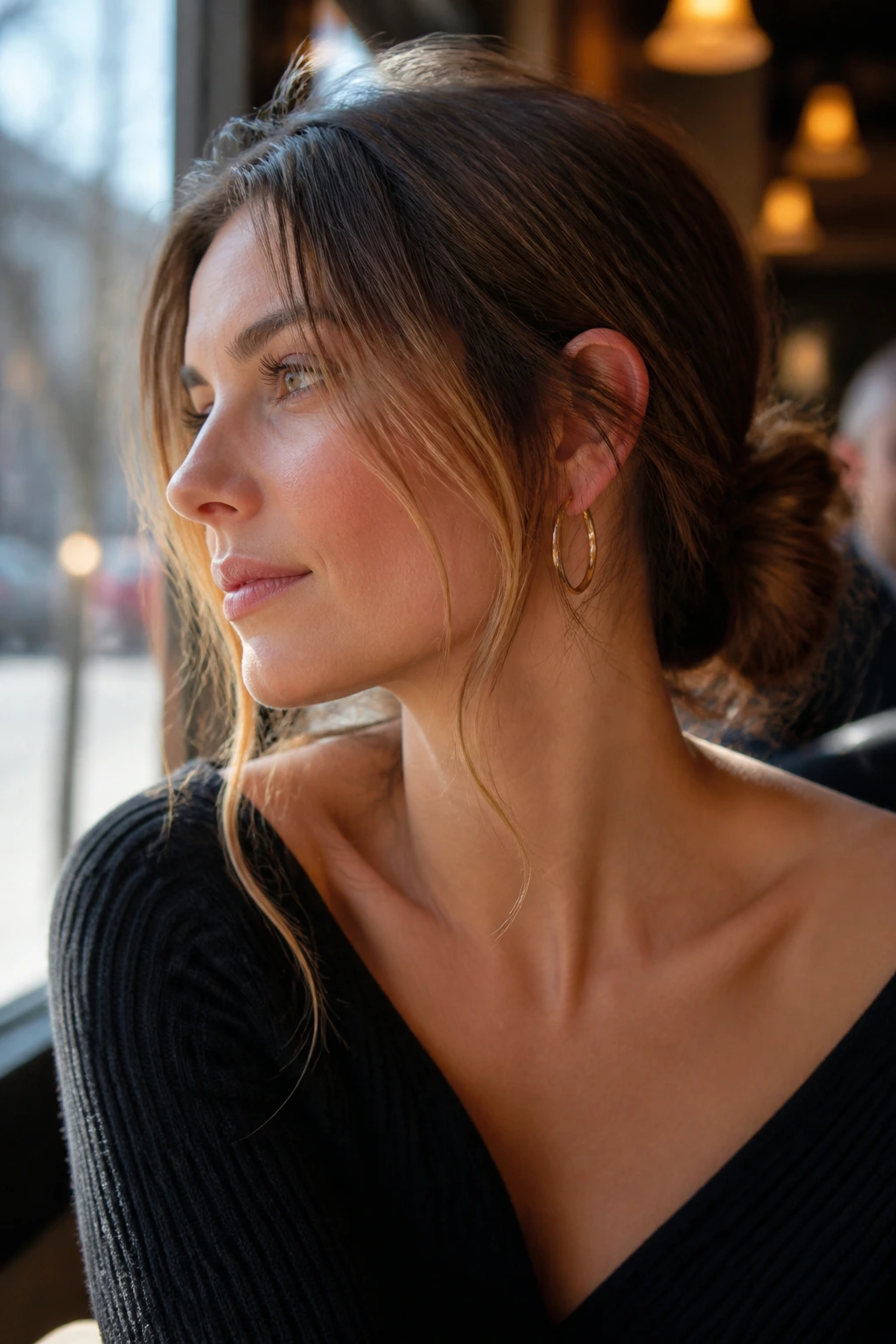 Close-up of a real woman with a low messy bun and face-framing tendrils