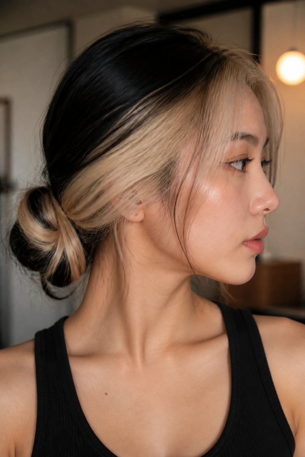 Close-up of a real person with a low bun and wrapped length showing split-dye colors