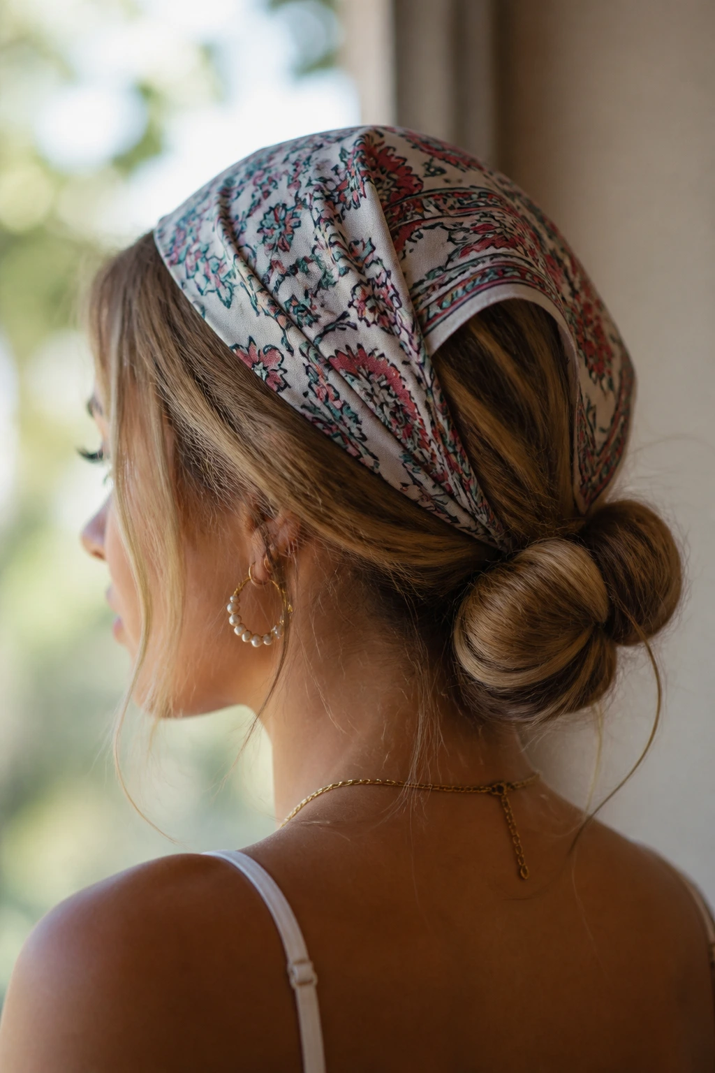 Close-up of a real person with low chignon and patterned bandana
