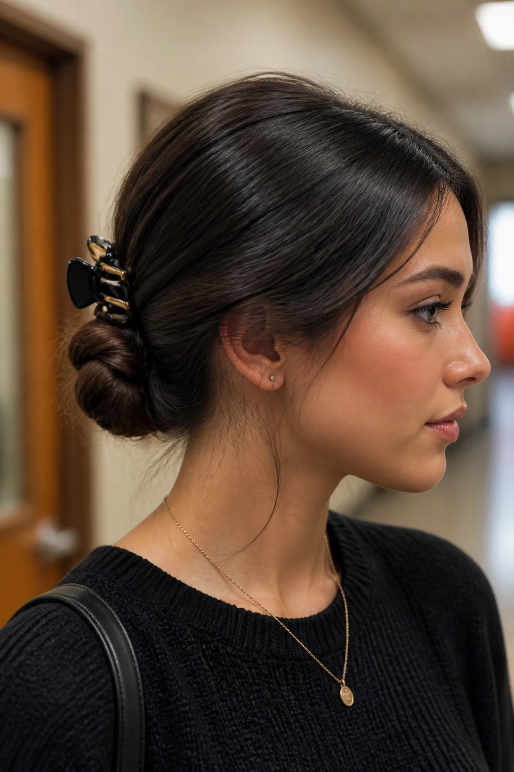 Close-up of a low sleek chignon with claw clip on a real student