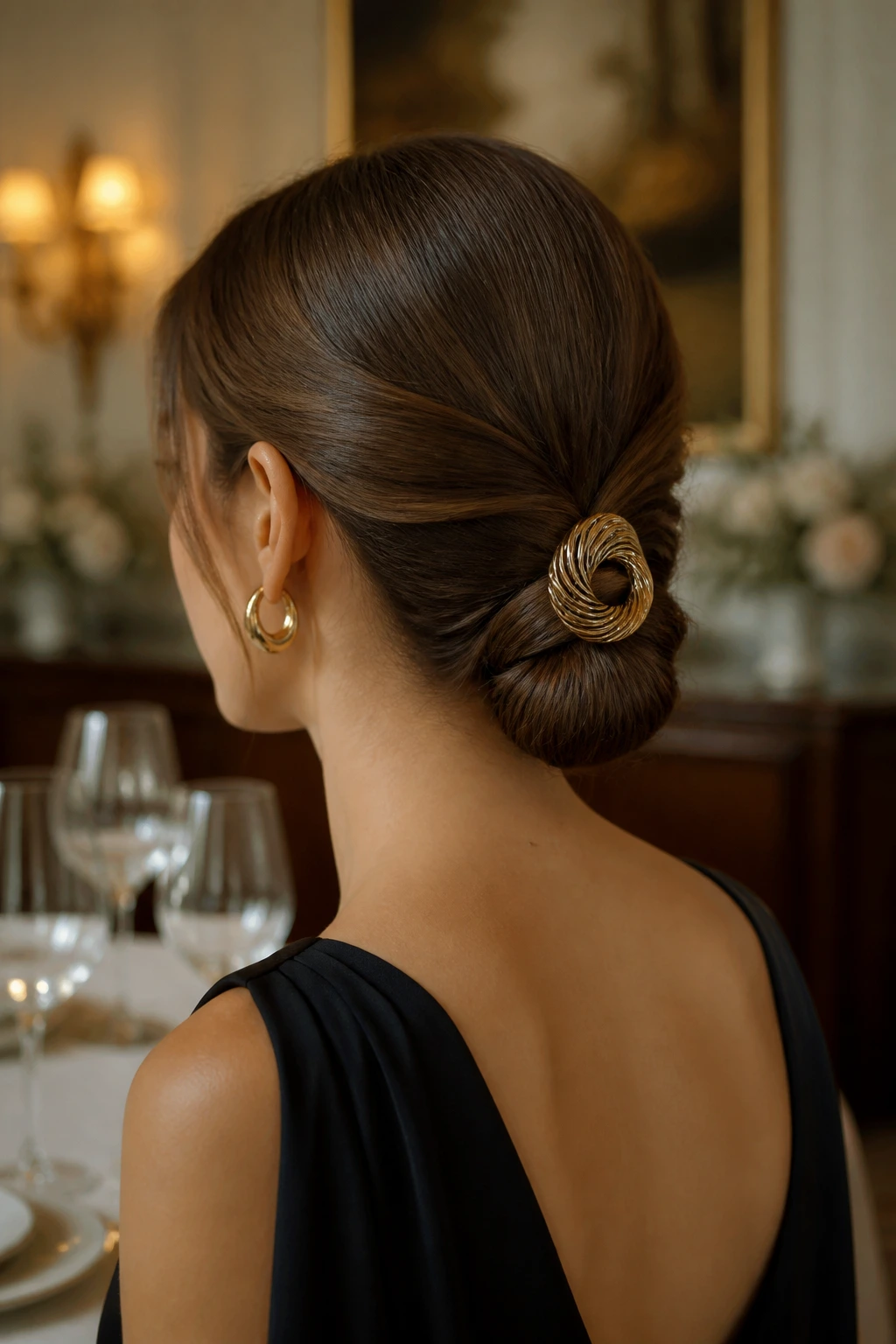 Close-up of a woman with a low chignon secured by an ornate clip