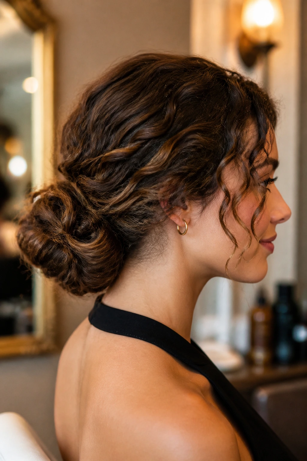 Close-up portrait of a real person with a low, loose chignon at the nape