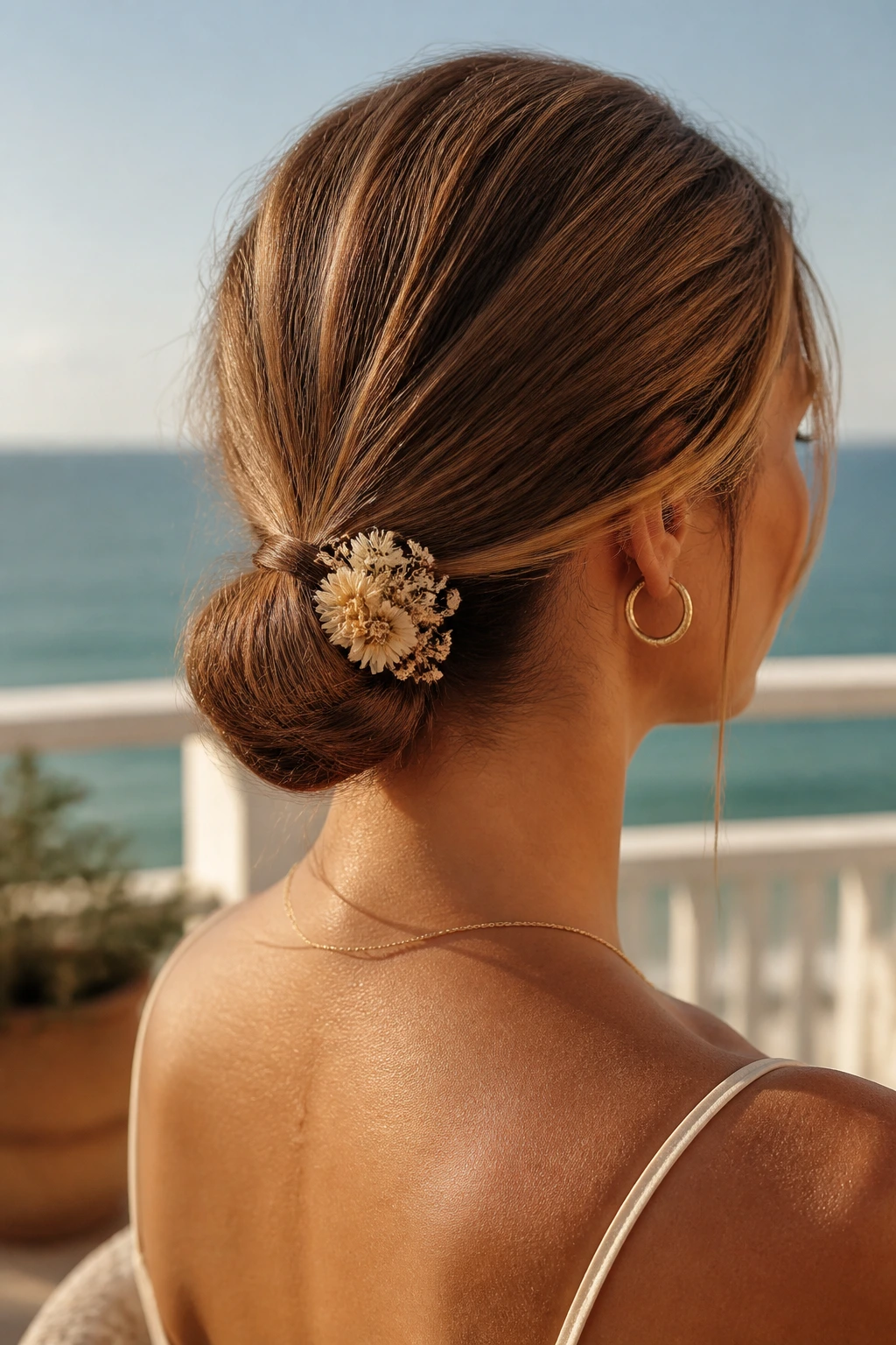 Close-up of a real woman wearing a low chignon with a dried flower at the nape