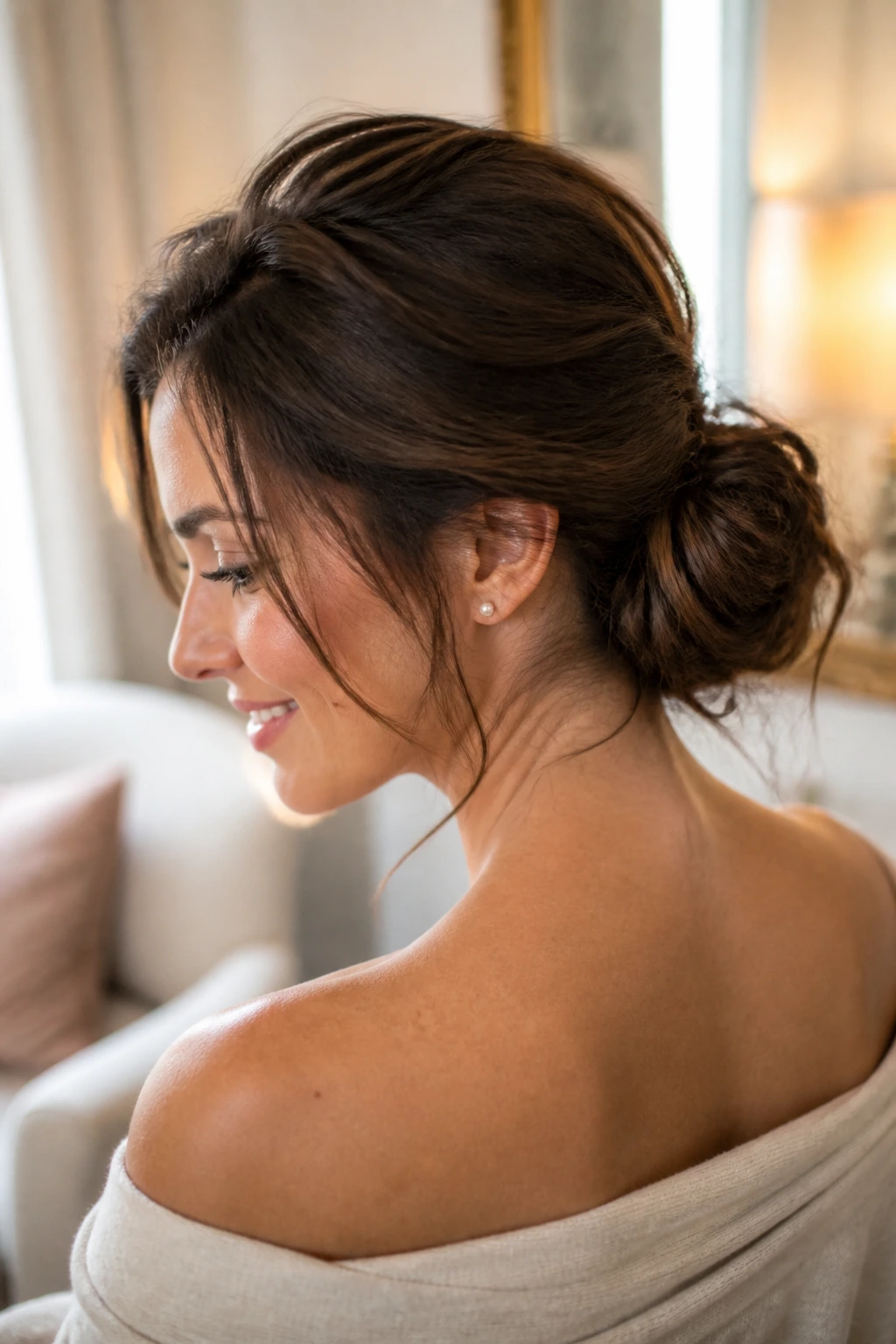 Close-up of a real woman with a low messy chignon at the nape in warm ambient light