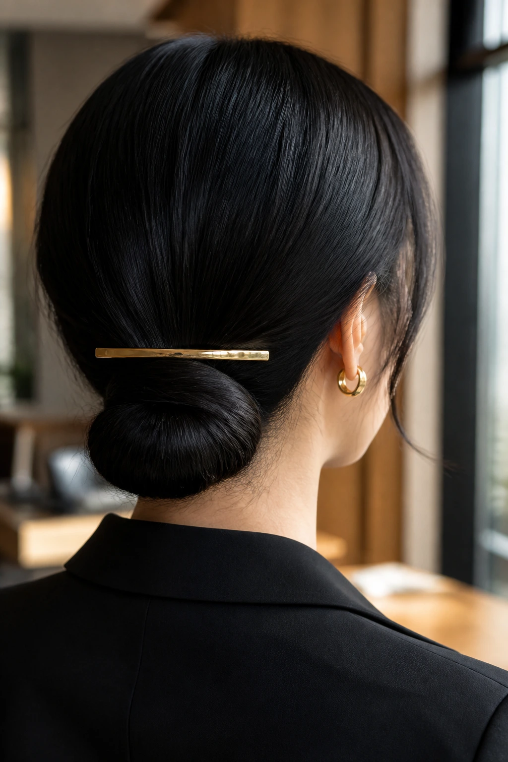 Close-up of a real woman with a centered low chignon and gold barrette in a bright office
