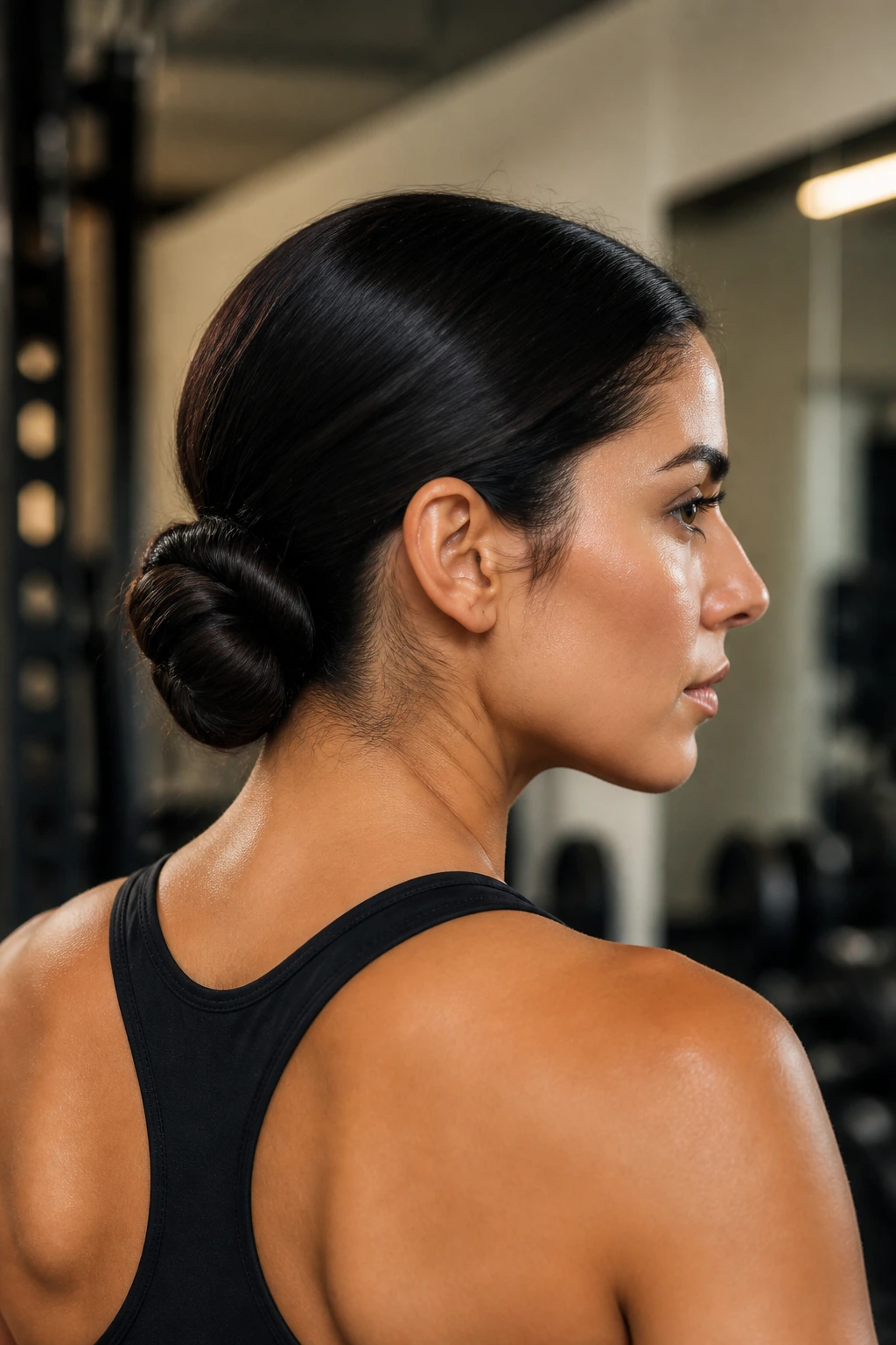 Real woman with a sleek low chignon at the nape during a workout