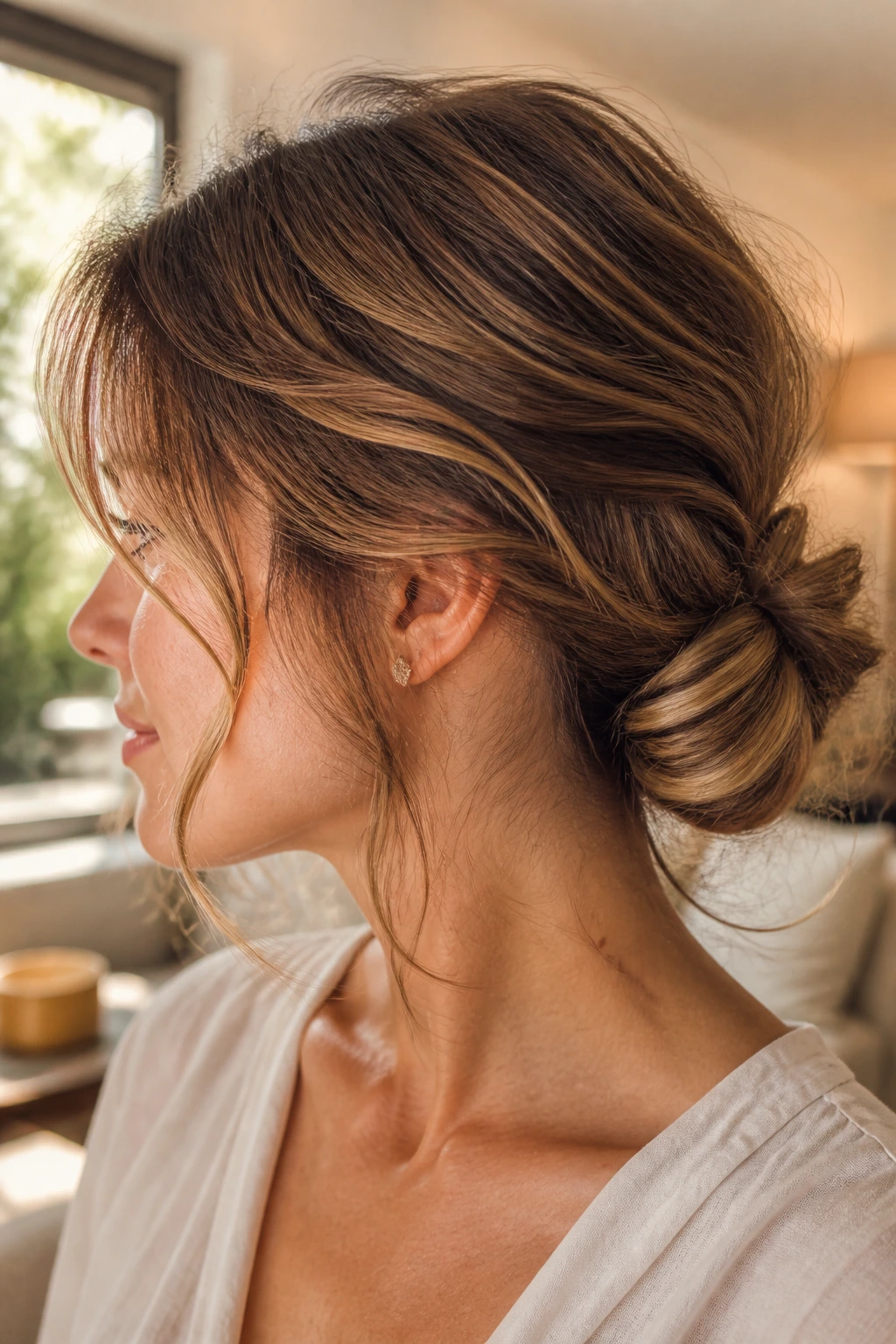 Profile view of a real woman with a messy low chignon