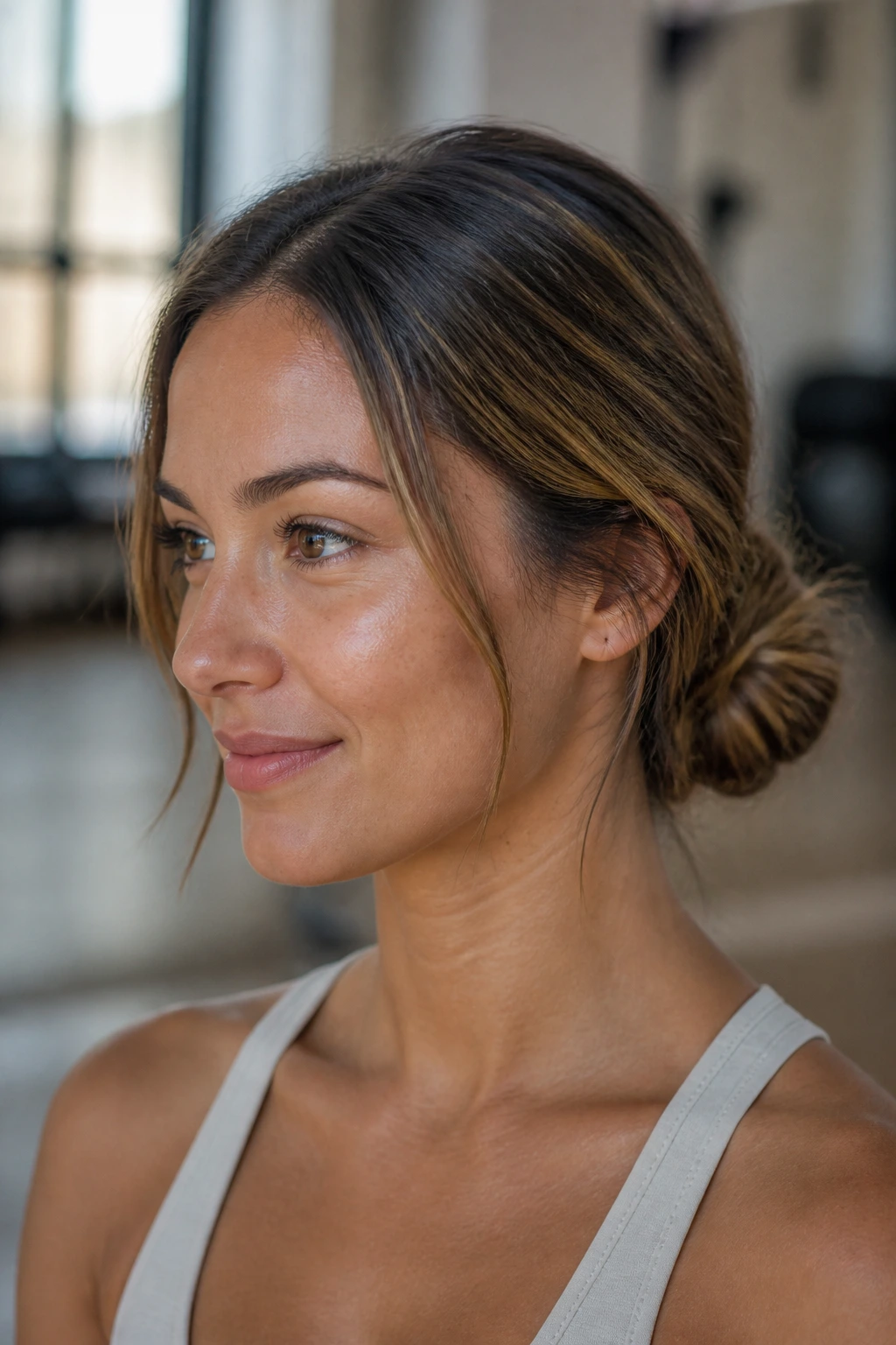 Close-up of a real person with a soft-part low chignon during yoga
