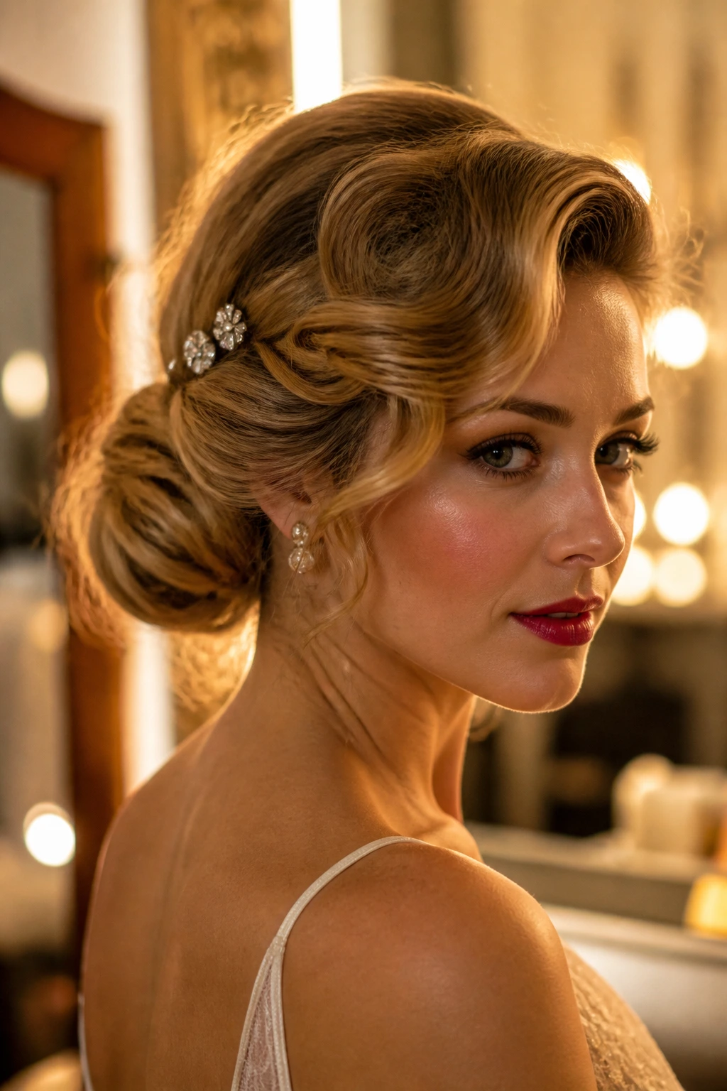 Close-up of a woman wearing a loose low chignon with jeweled pins.