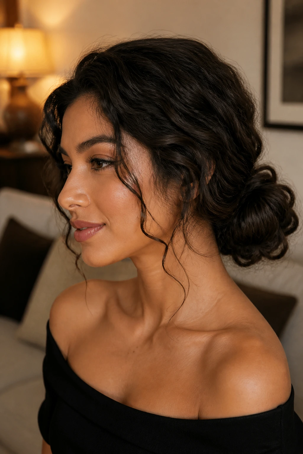 Close-up of a real woman with a low chignon and soft curls around the face