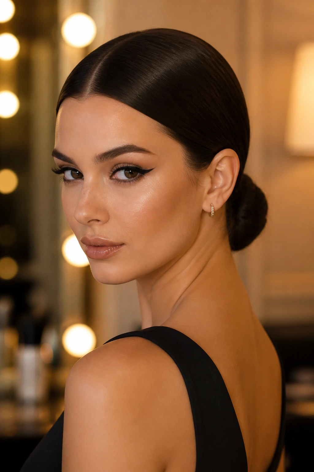 Real woman with sleek low chignon and middle part