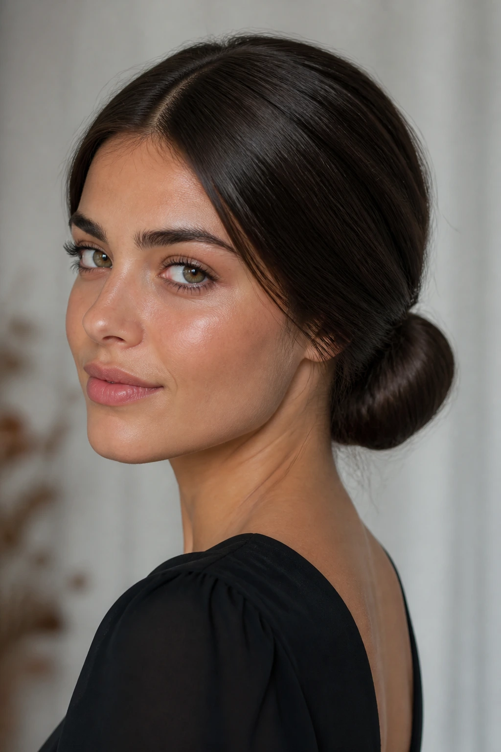 Three-quarter view of a real woman with a low chignon at the nape