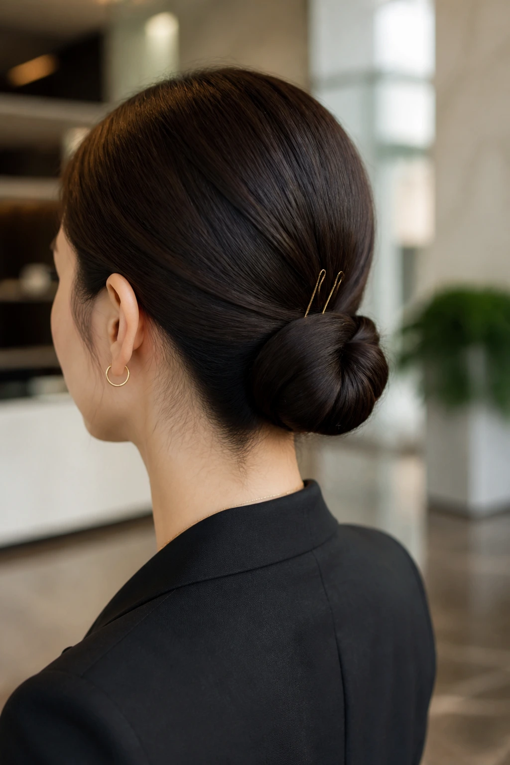 Close-up of a real woman with a minimalist low chignon at the nape