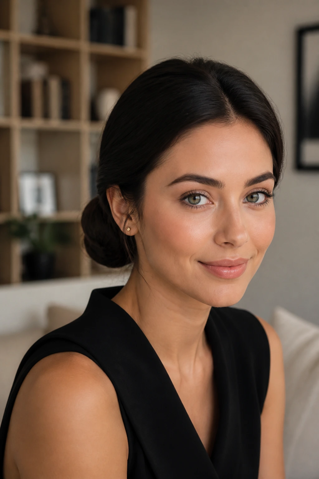 Close-up of a real woman wearing a sleek low chignon at the nape in a softly lit home setting