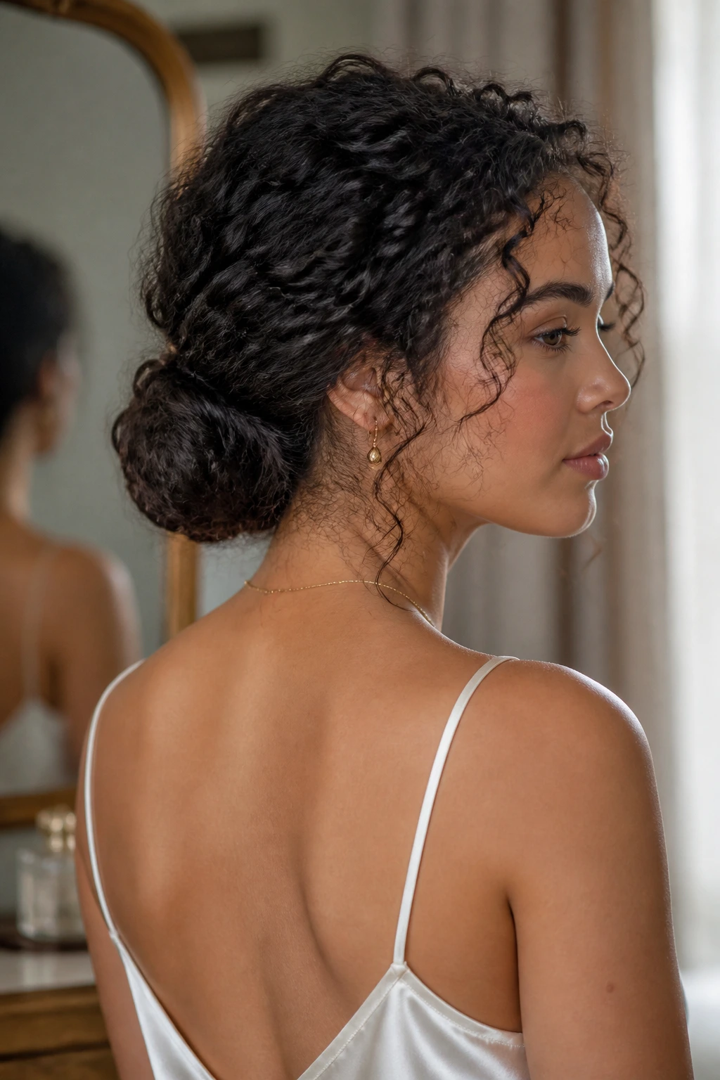 Real woman with a low chignon at the nape