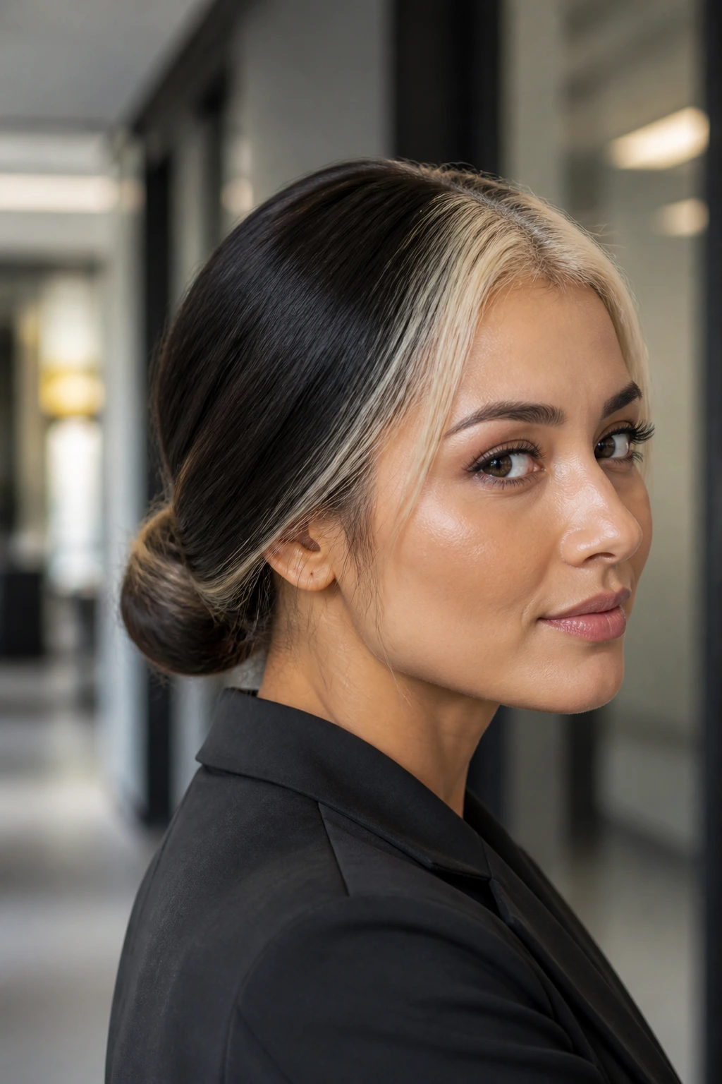 Close-up of a real woman with a sleek low chignon at the nape in a softly lit office