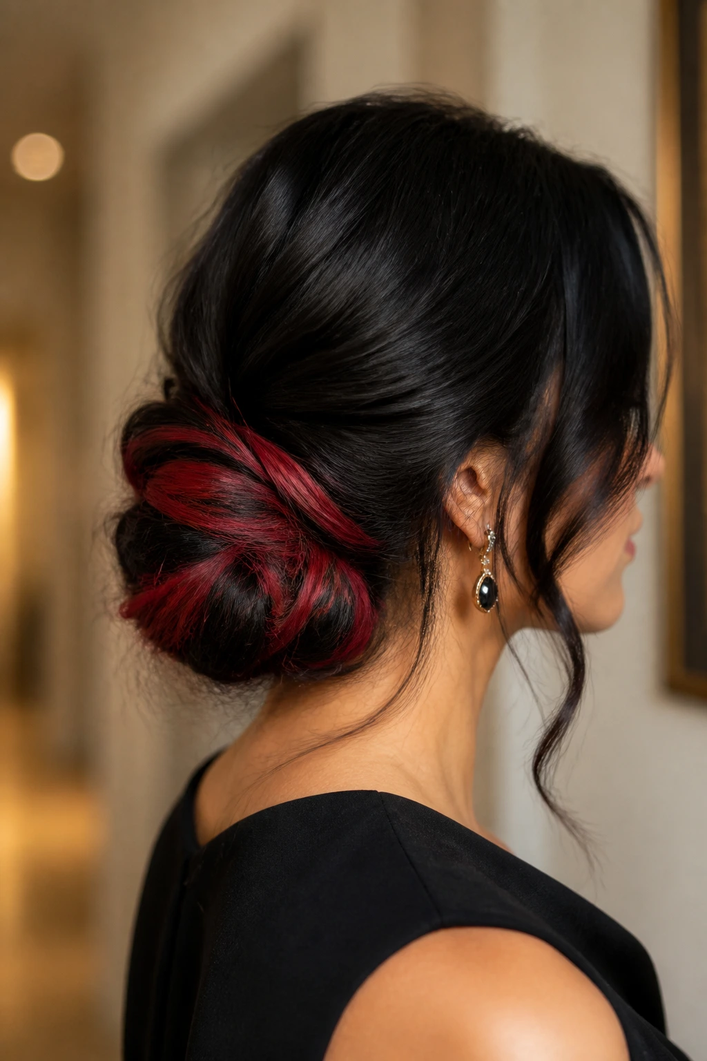 Close-up of a real woman with a low chignon bun and red accents
