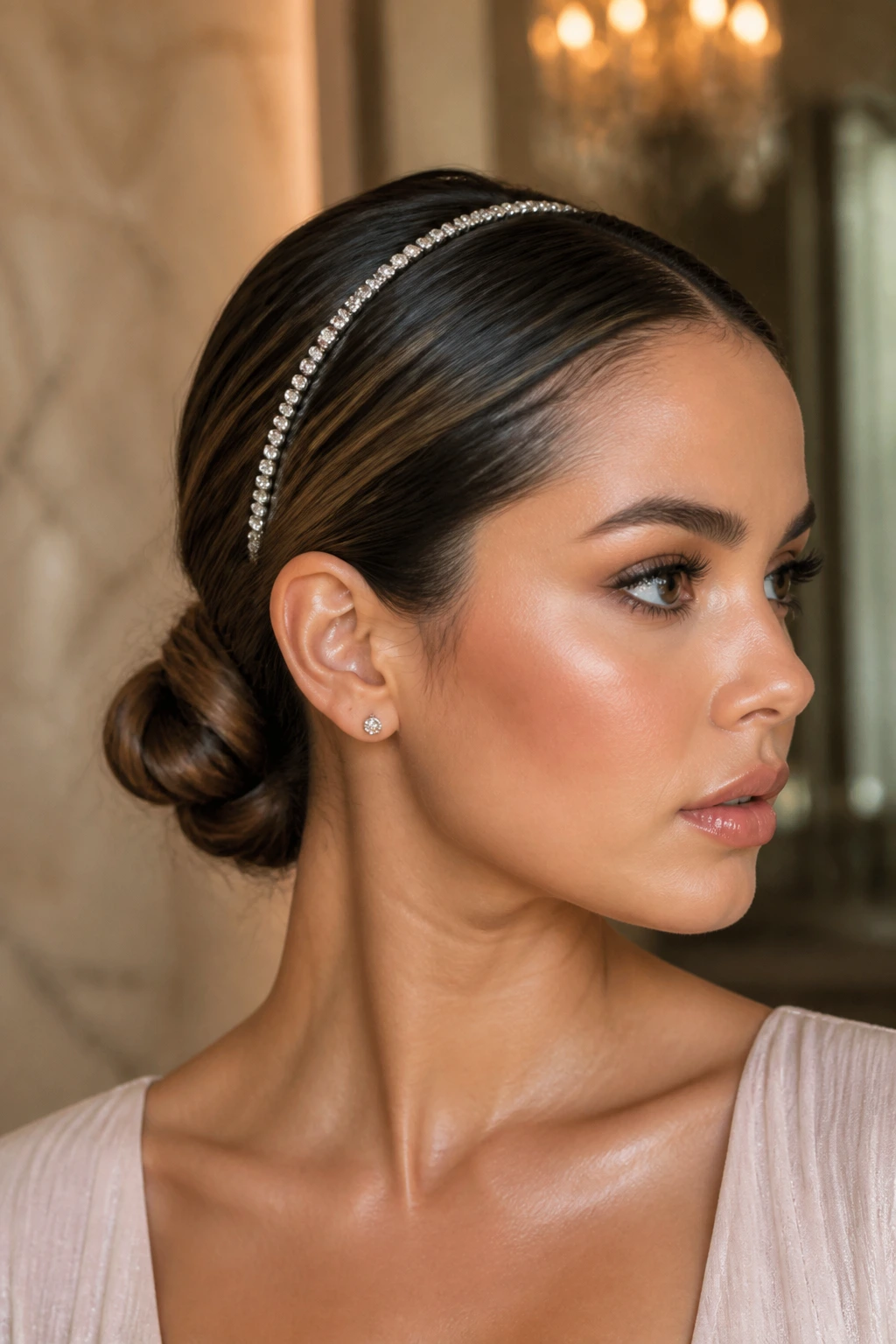 Real woman with glossy low chignon and rhinestone headband in soft light
