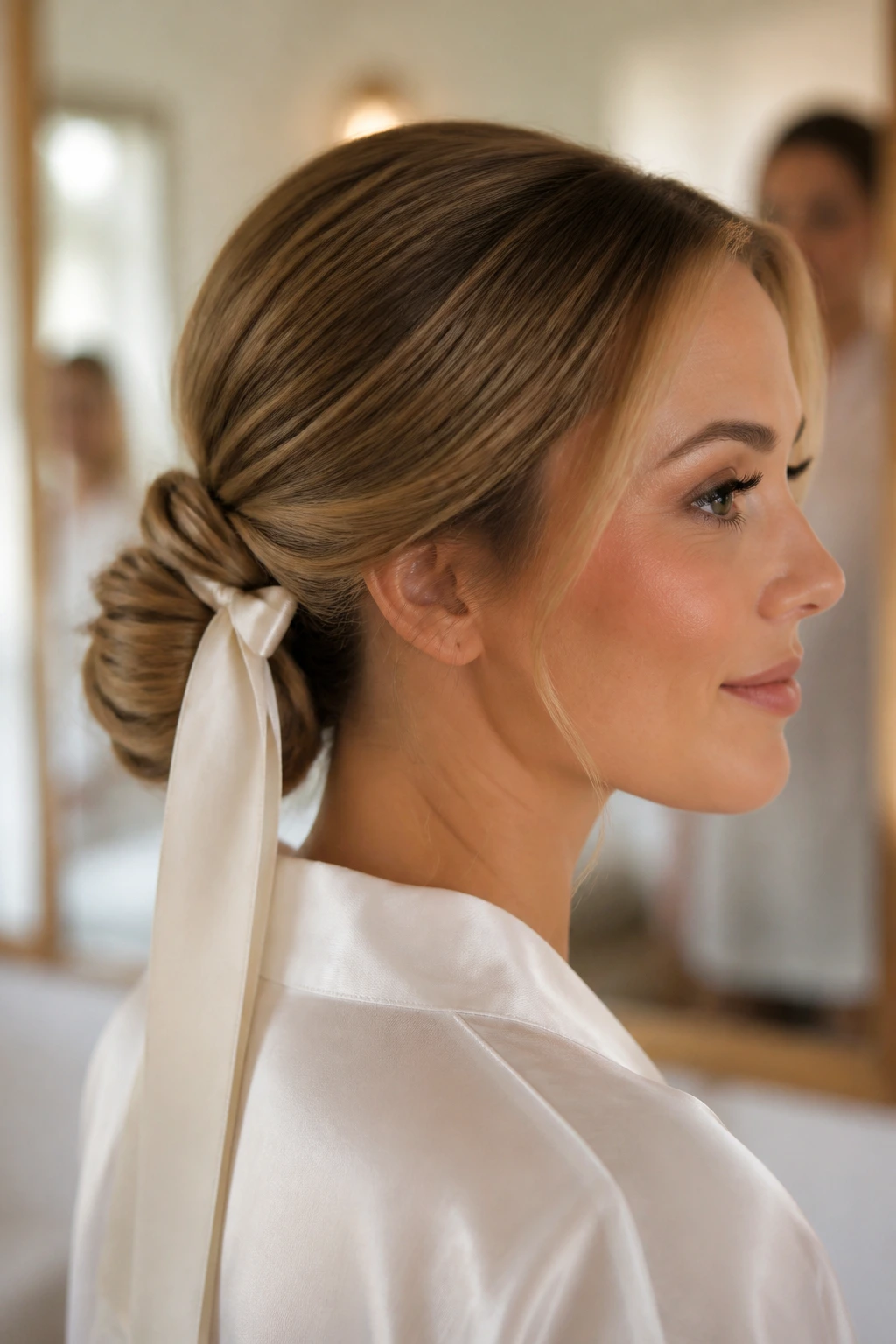 Close-up of a real woman with a low chignon tied with a ribbon.