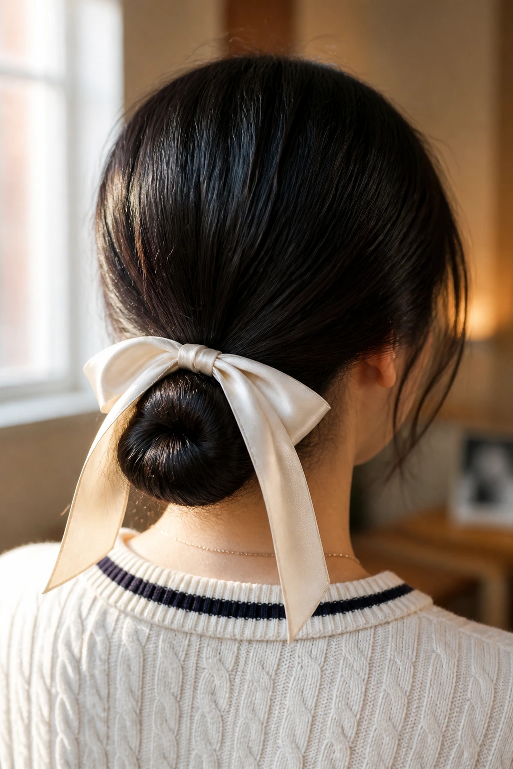 Rear view of person wearing a low chignon with silk ribbon