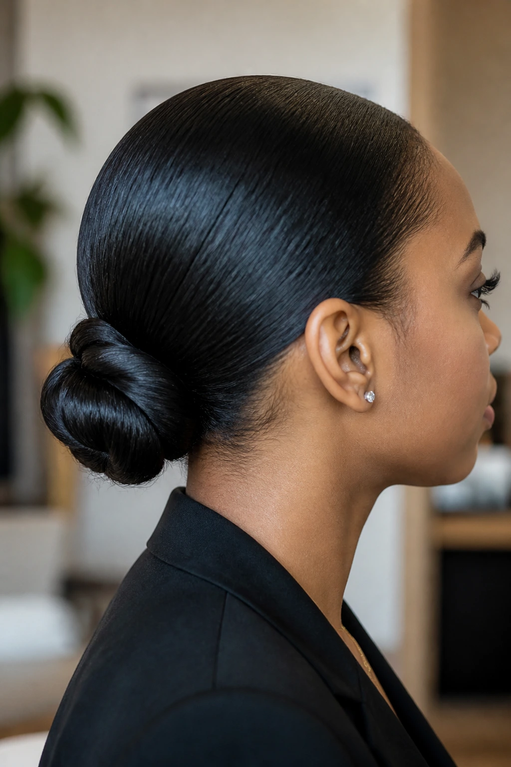 Real woman with a sleek low chignon.