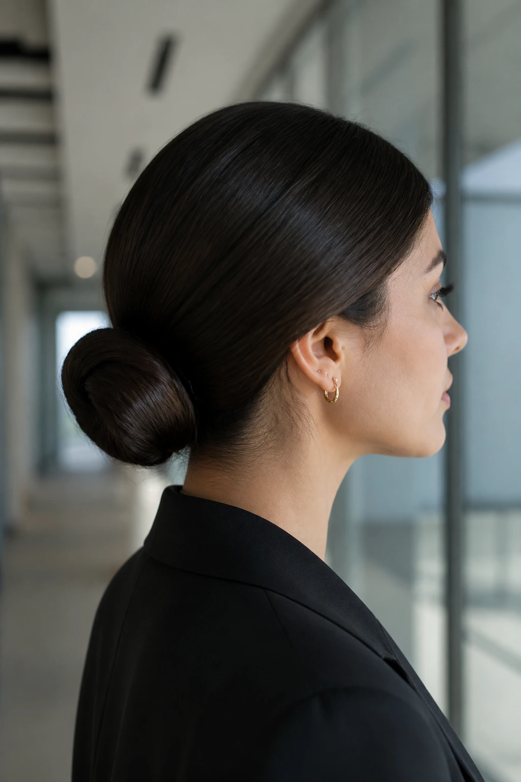 Side-profile portrait of a woman with a sleek low chignon in a modern office setting