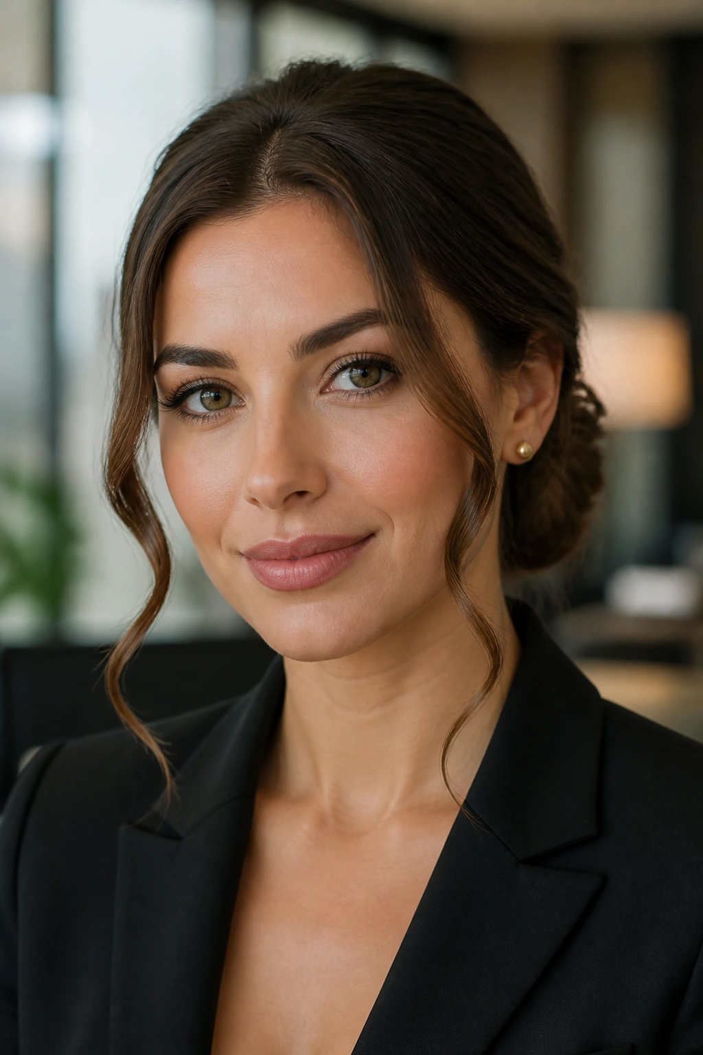 Close-up of a real woman with a low chignon and curling tendrils at the front.