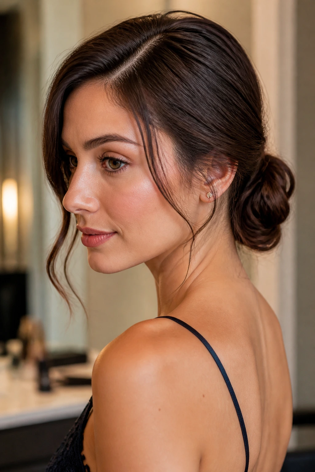Close-up of a woman with a low chignon and face-framing tendrils.