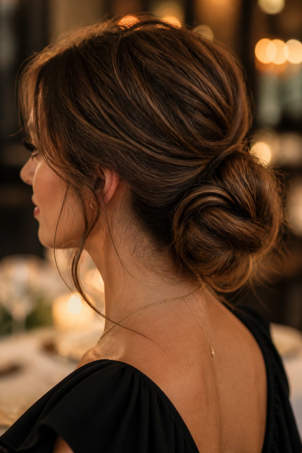 Real woman with a textured low chignon at the nape in warm dining ambience.